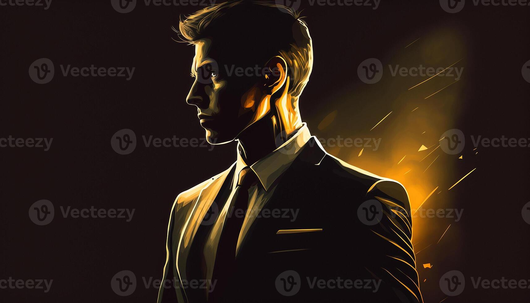 A Close-Up Silhouette of a Rich Businessman in Black and Gold Suit. photo