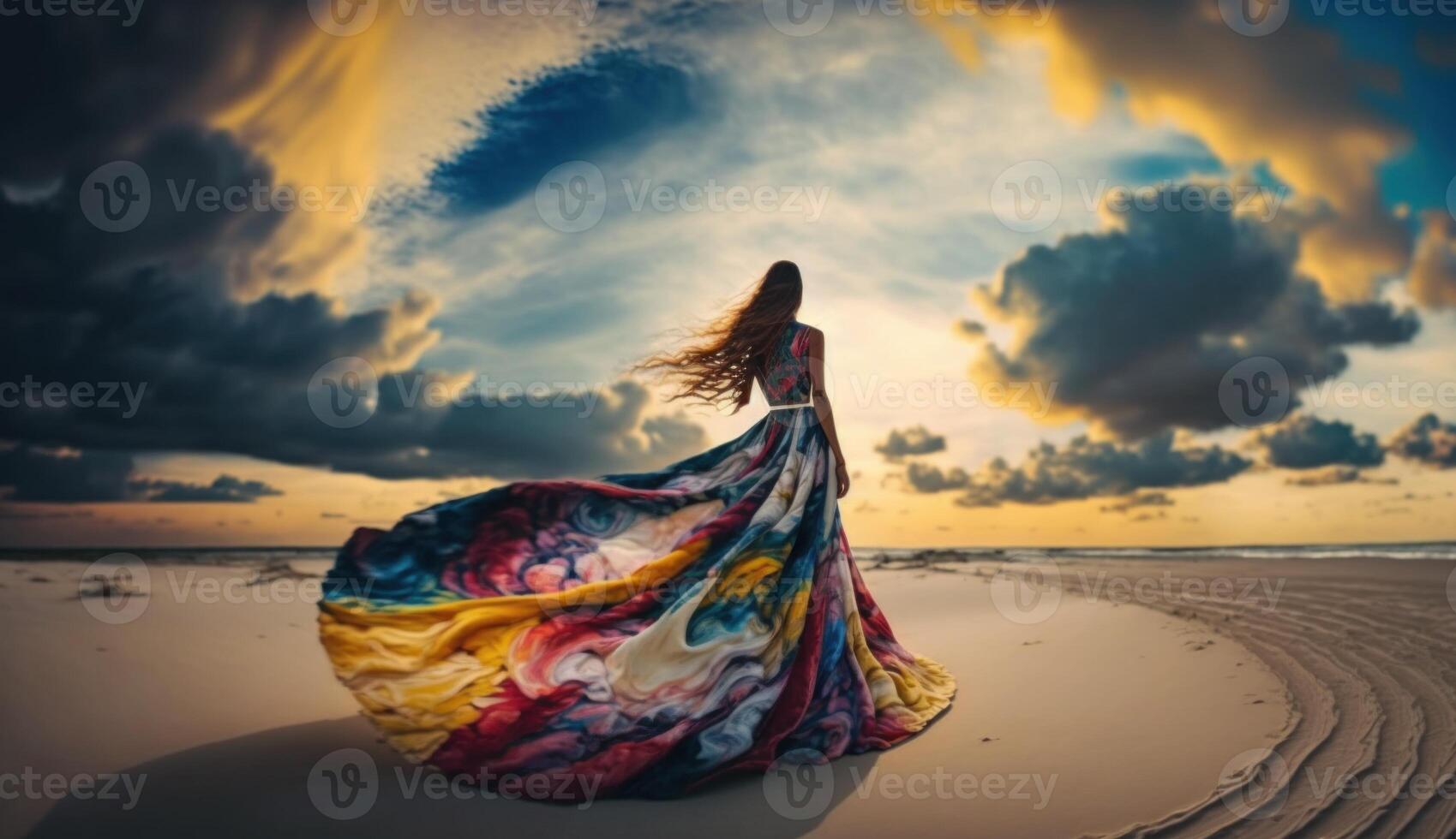 Graceful woman standing on beach in flowing colorful dress. photo