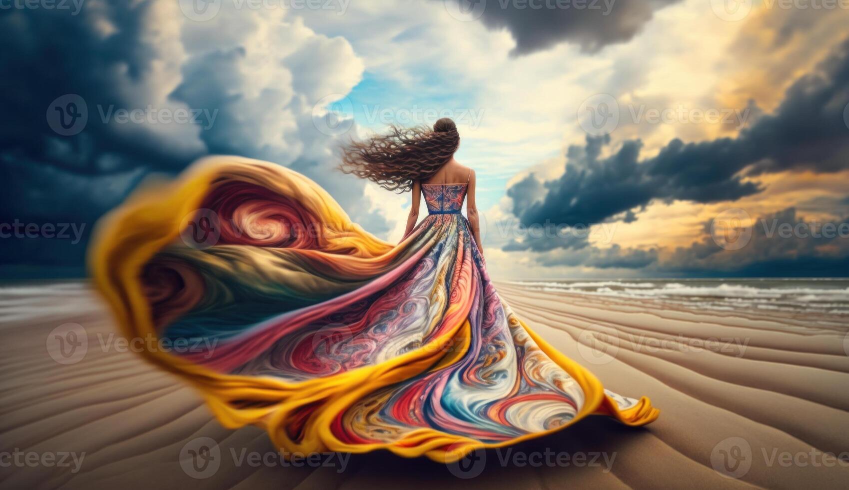 Graceful woman standing on beach in flowing colorful dress. photo
