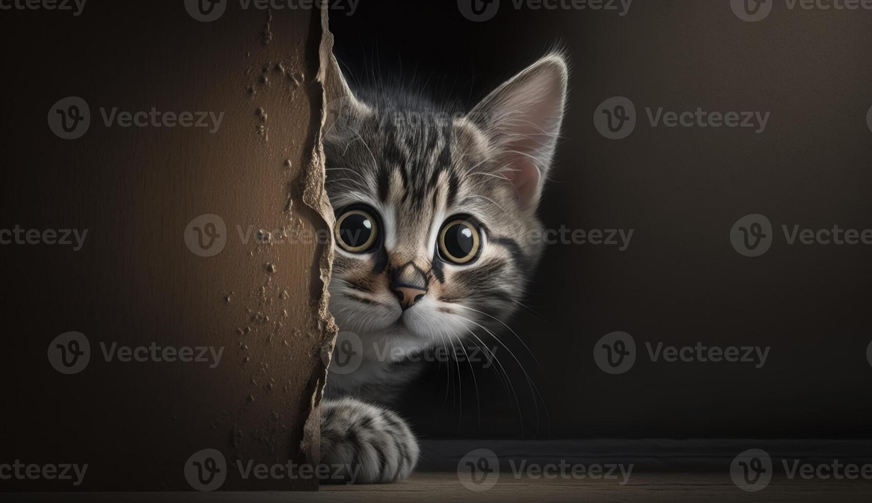 un sorprendido gato en un pared agujero. generativo ai foto