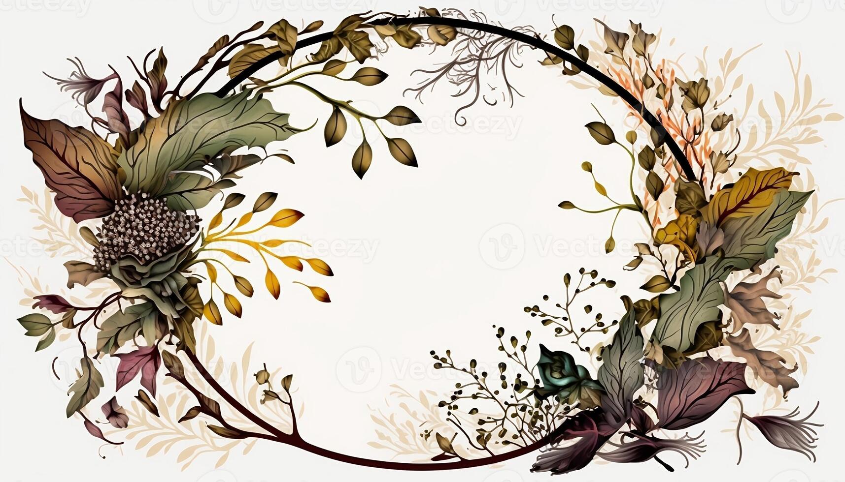 Flower Frame Surrounded With Foliage Twigs on white canvas background - photo