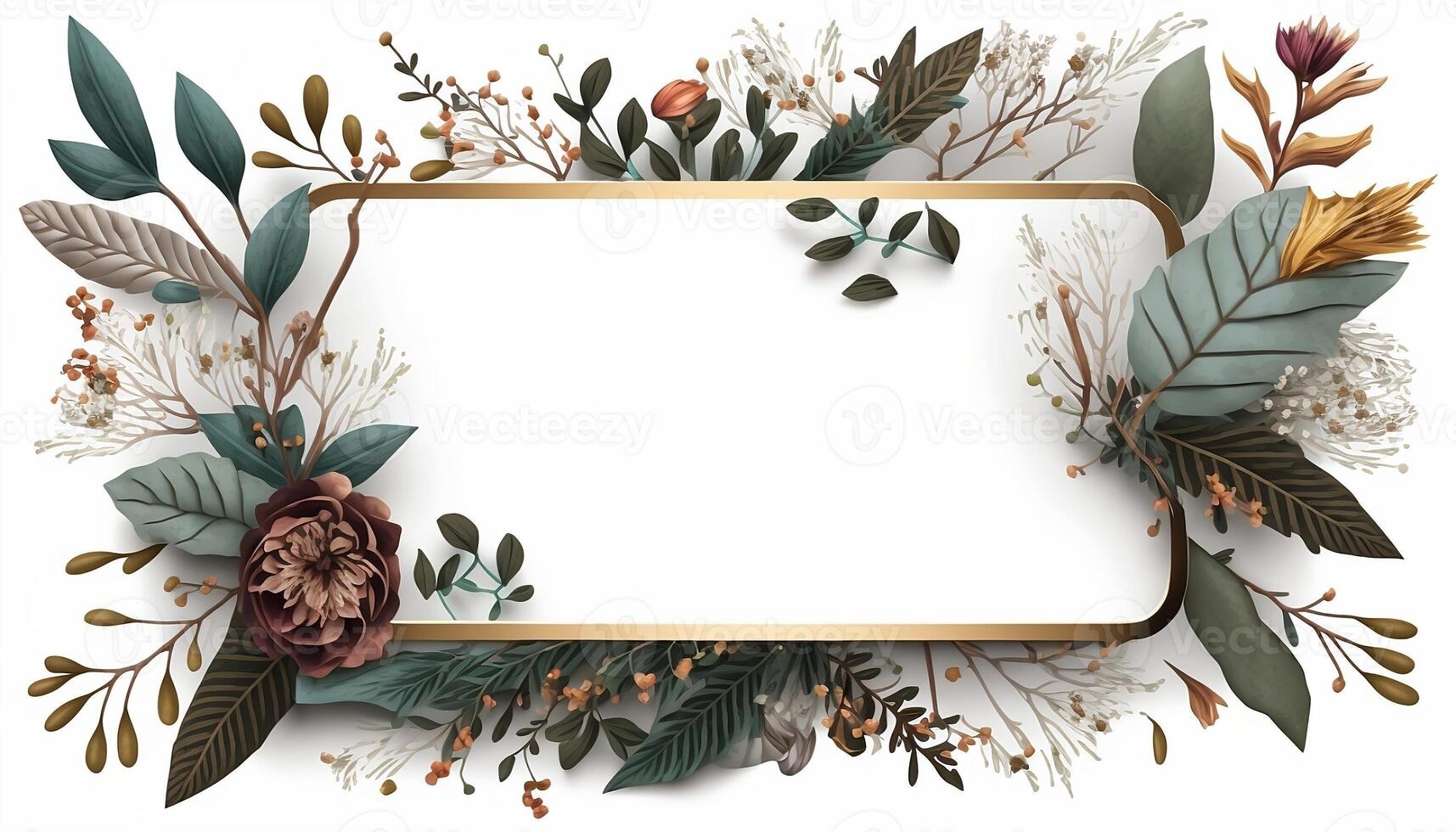 Flower Frame Surrounded With Foliage Twigs on white canvas background - photo