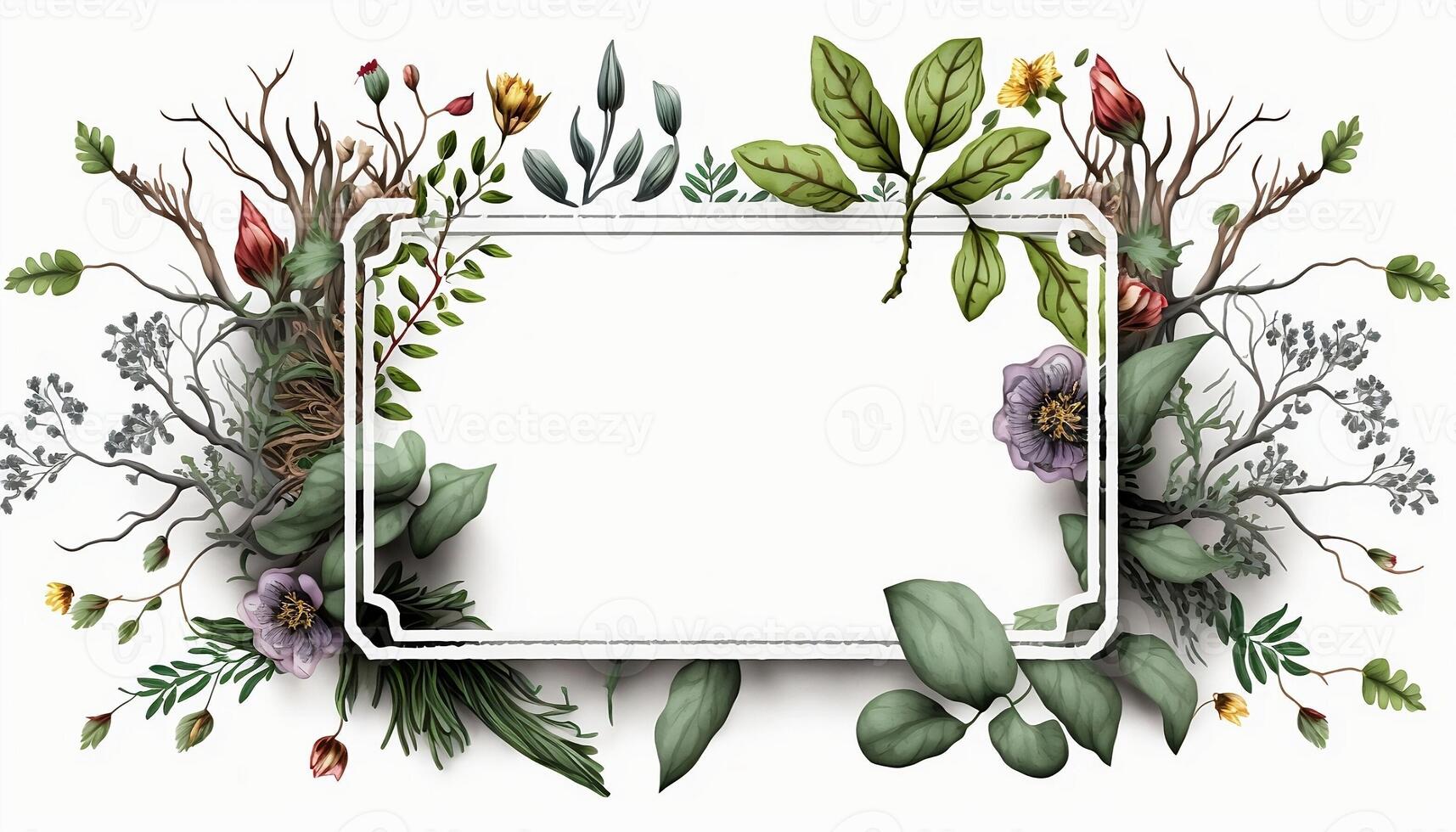 Flower Frame Surrounded With Foliage Twigs on white canvas background - photo