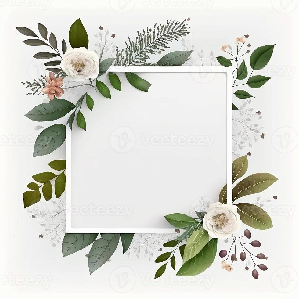 Blank White Square Frame Decorated with Flowers Around the Edges and Surrounded by Leaf Branches Background photo