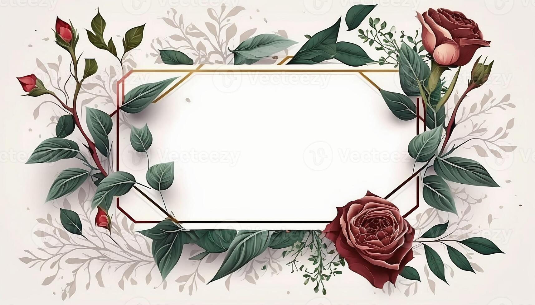 Rectangular Rose Flower Frame Surrounded With Twigs of Foliage in Aesthetic Style Background - photo