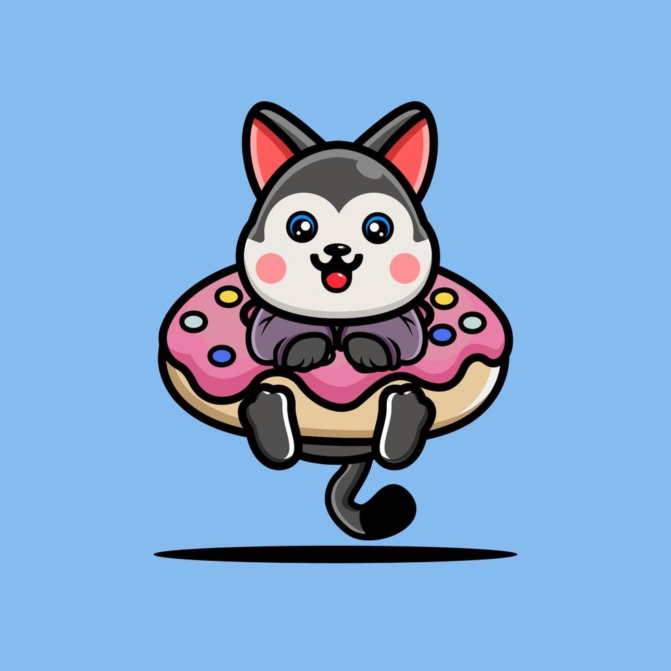 Cute husky hug big doughnut cartoon vector