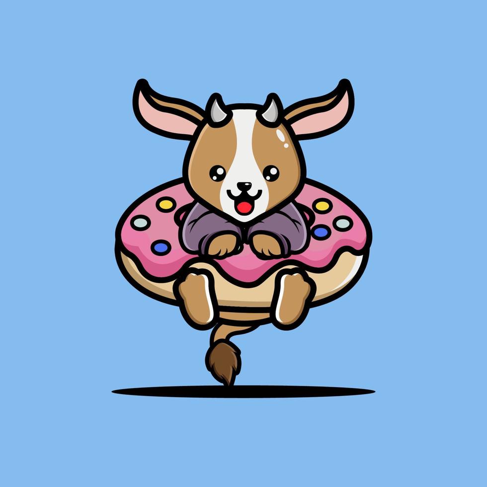 Cute goat hug big doughnut cartoon vector