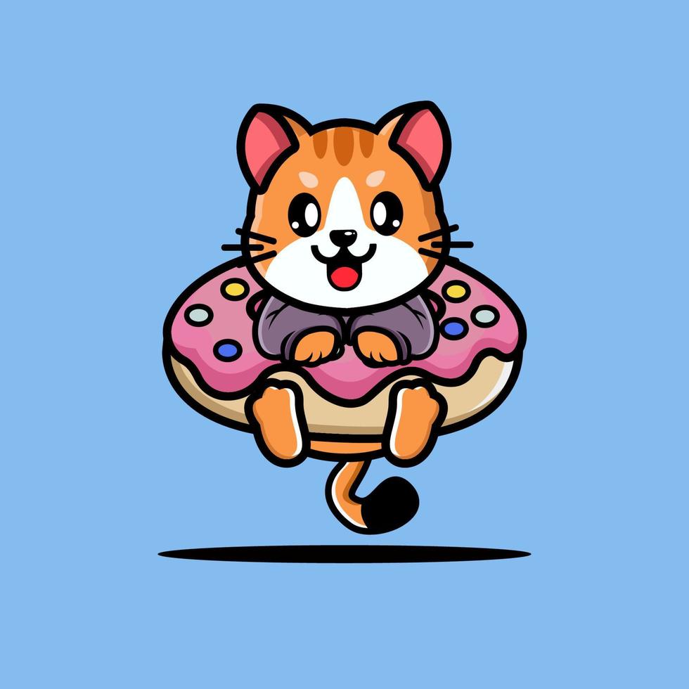 Cute cat hug big doughnut cartoon vector