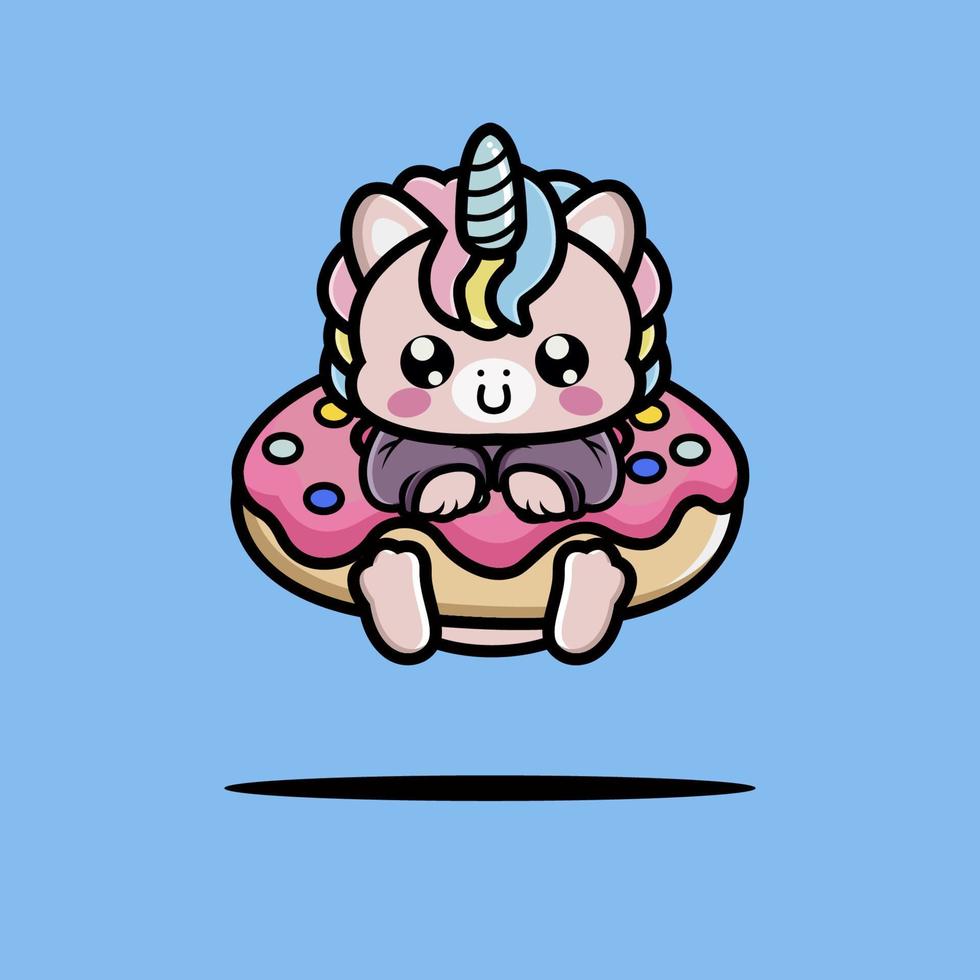 Cute unicorn hug big doughnut cartoon vector