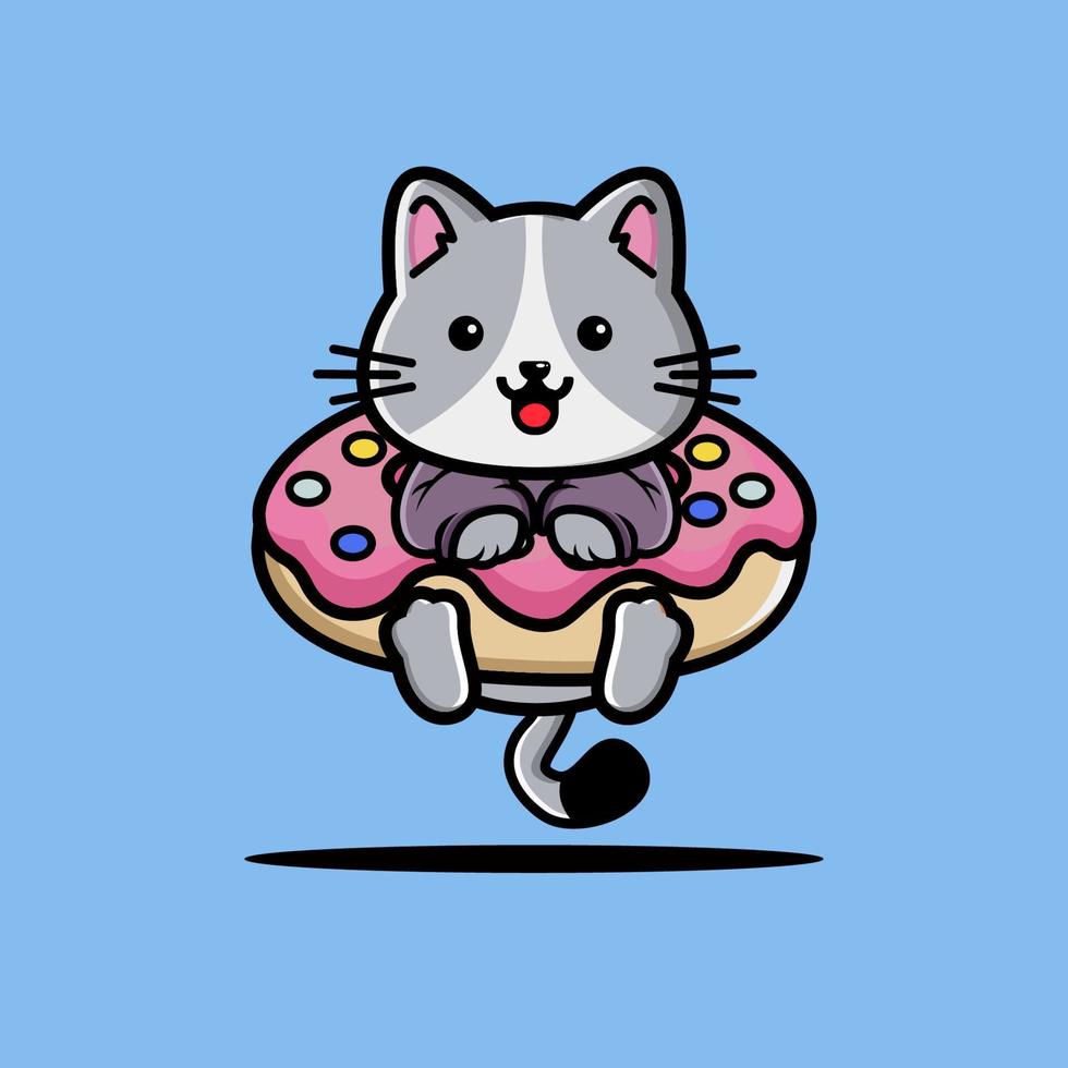 Cute cat hug big doughnut cartoon vector