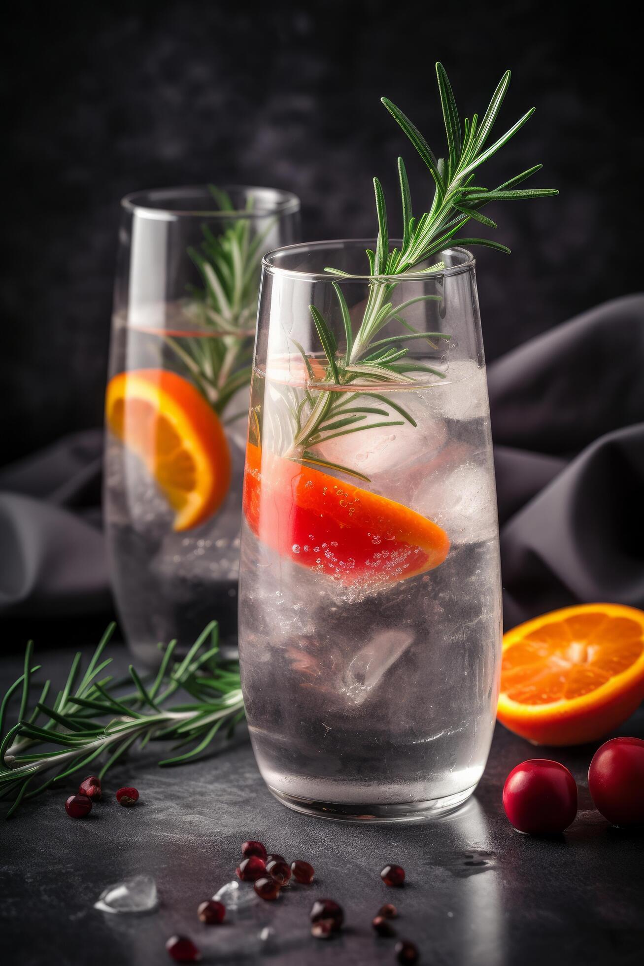 Cocktail of vodka and sprite with ripe fruits and rosemary Illustration