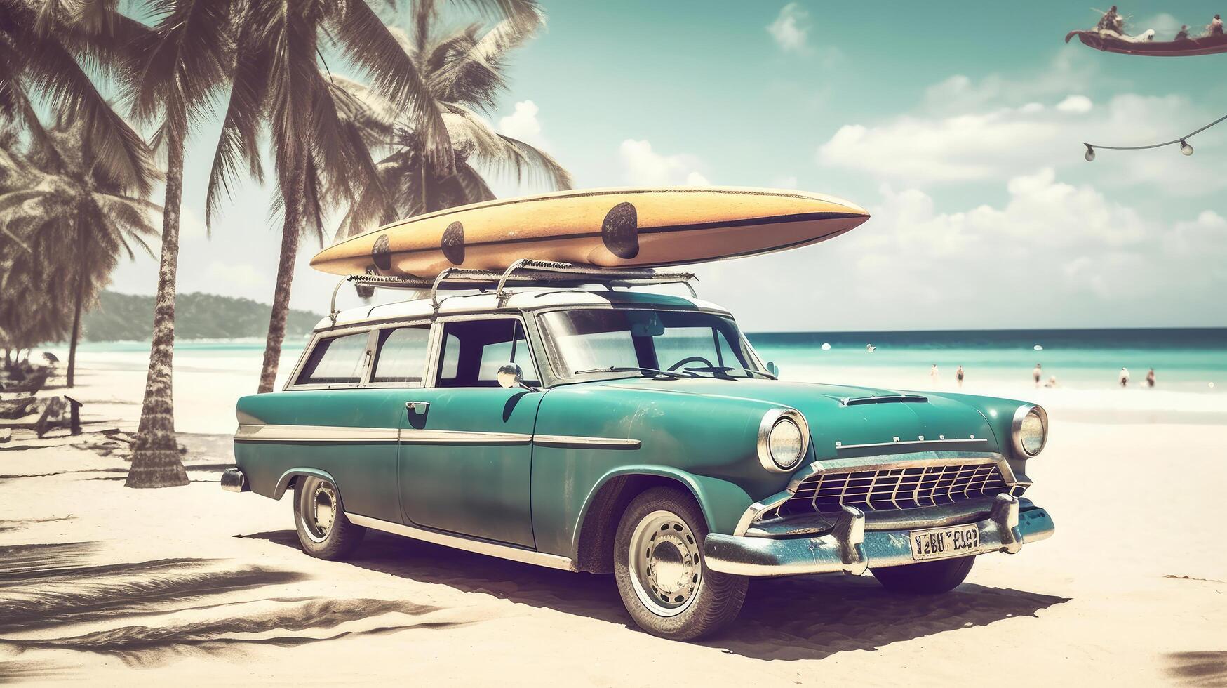 Old car with surf board. Illustration photo