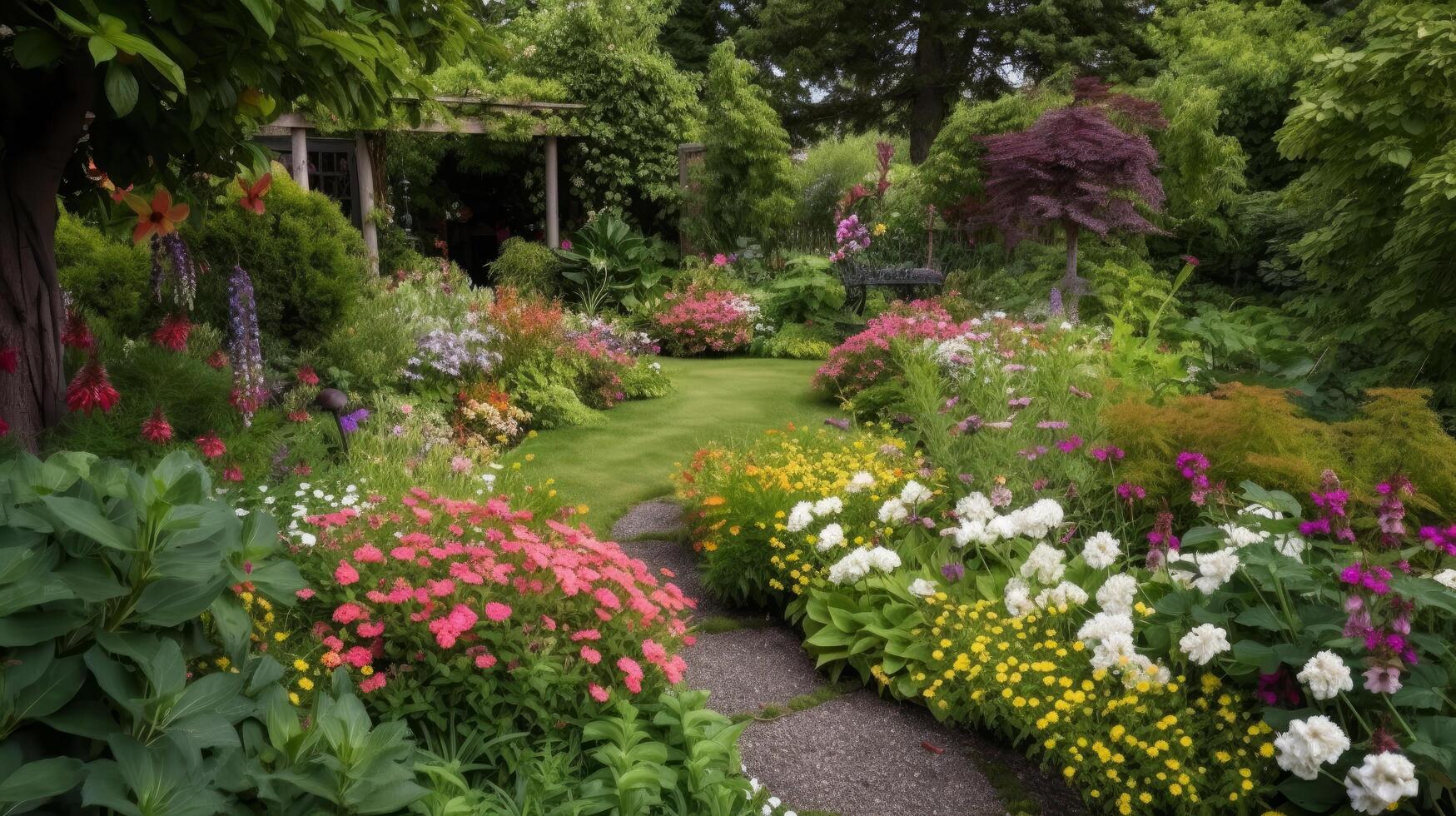 hermosa verde jardín. ilustración ai generativo foto