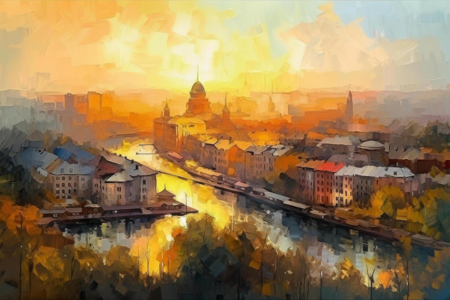 Large city in the style of impressionism painting Illustration photo