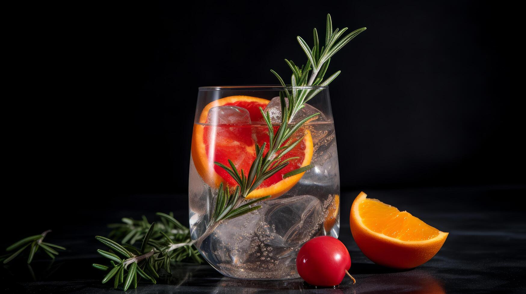 Cocktail of vodka and sprite with ripe fruits and rosemary Illustration photo