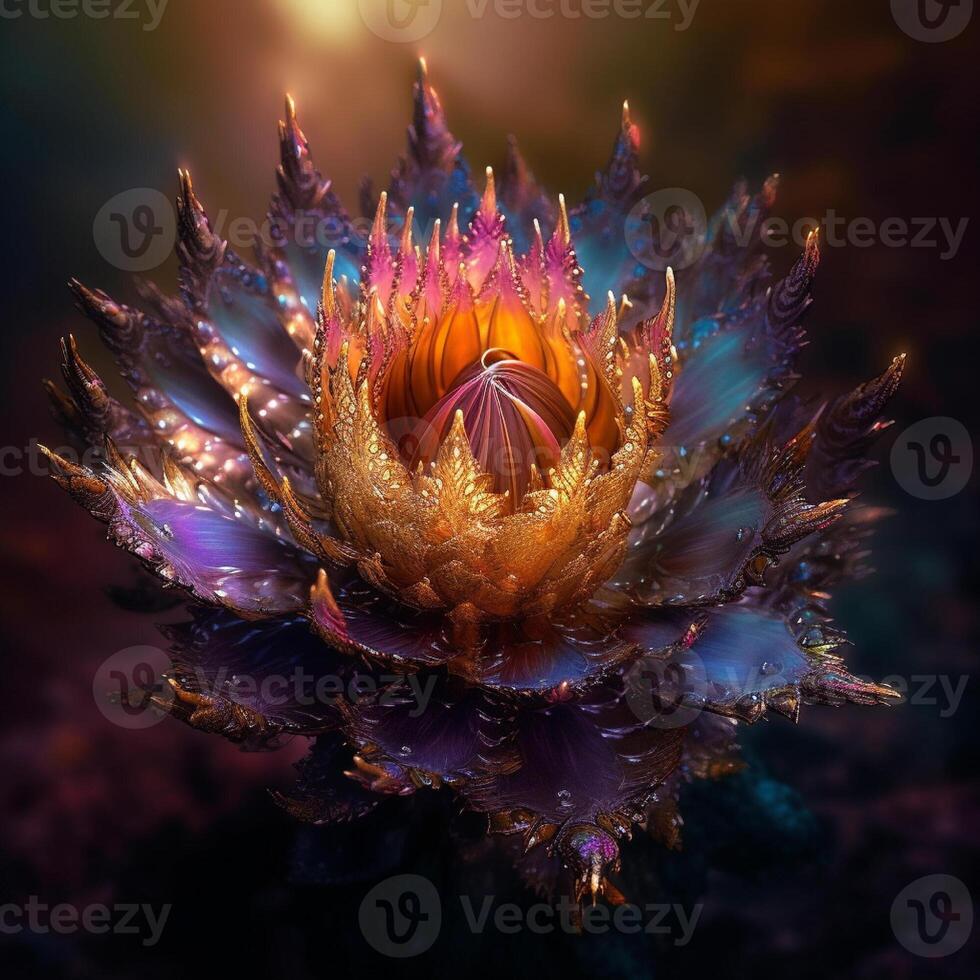 Fantasy luminous flowers with orange glow light. Gorgeous fantasy flower style unique flowers. photo