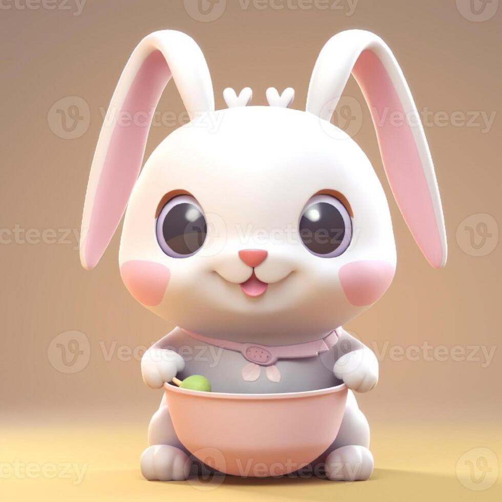 Cute 3d Easter bunny with the basket with Easter Eggs. Easter poster, cover, label, template. photo
