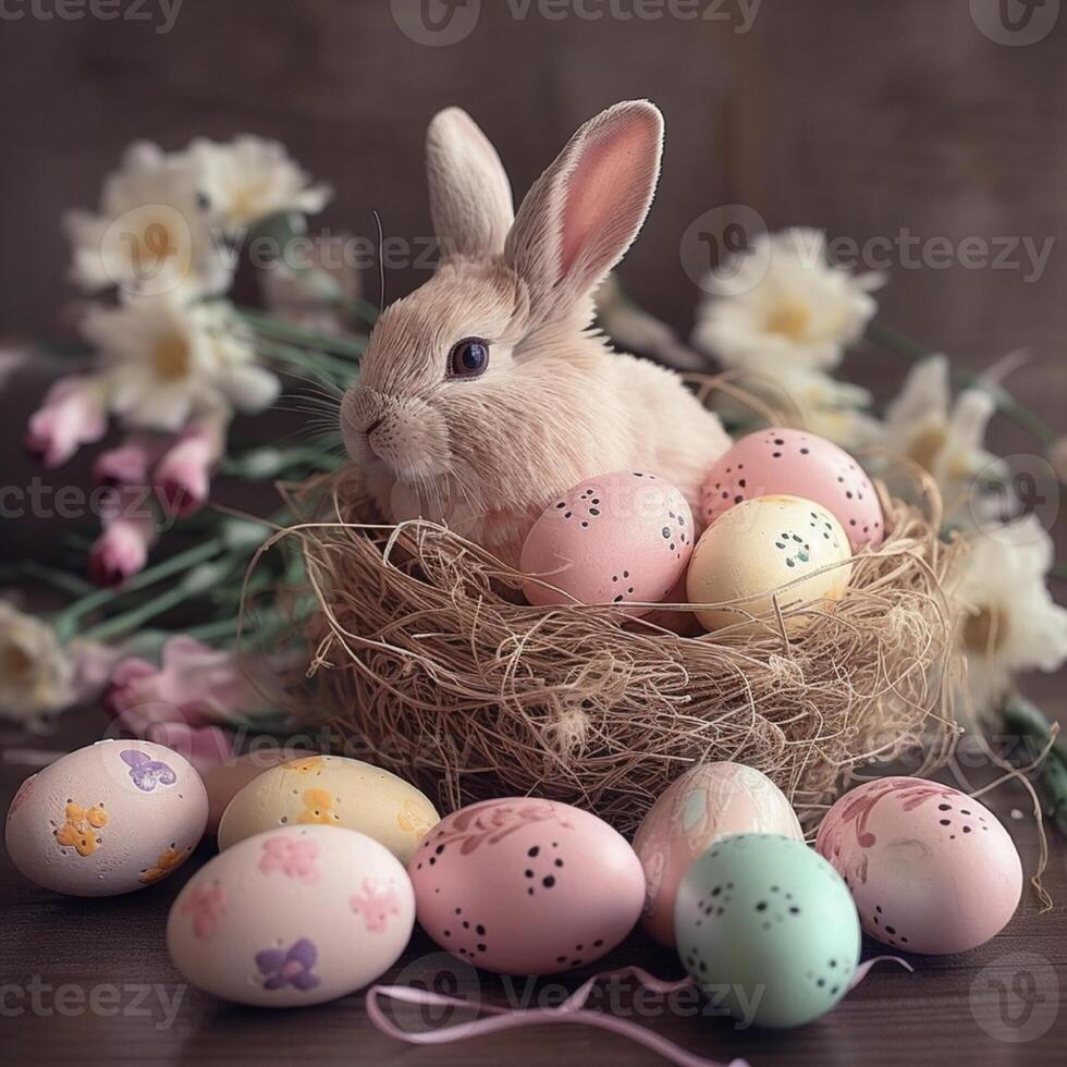 realista Pascua de Resurrección conejito en nido con vistoso Pascua de Resurrección huevos. Pascua de Resurrección póster, cubrir, etiqueta, modelo. ai generado foto