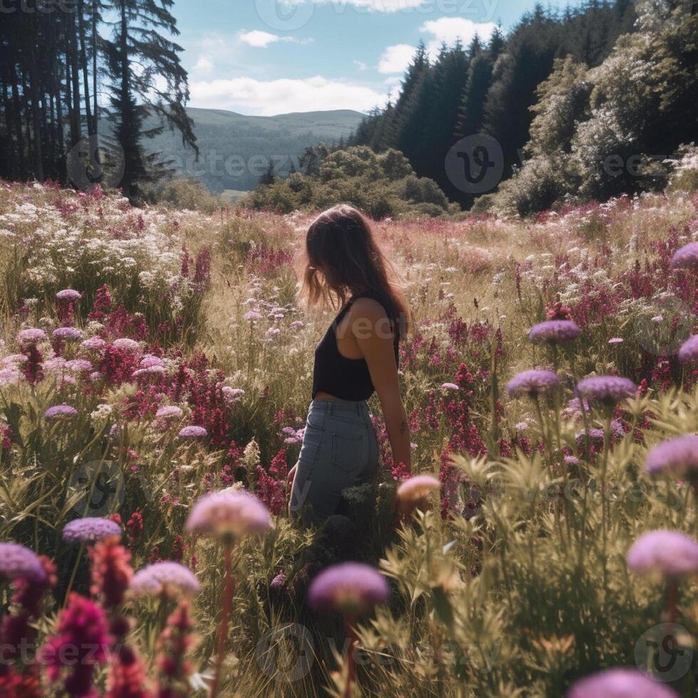 Silhouette of a young woman with a long hair in a field of summer flowers at sunset. photo
