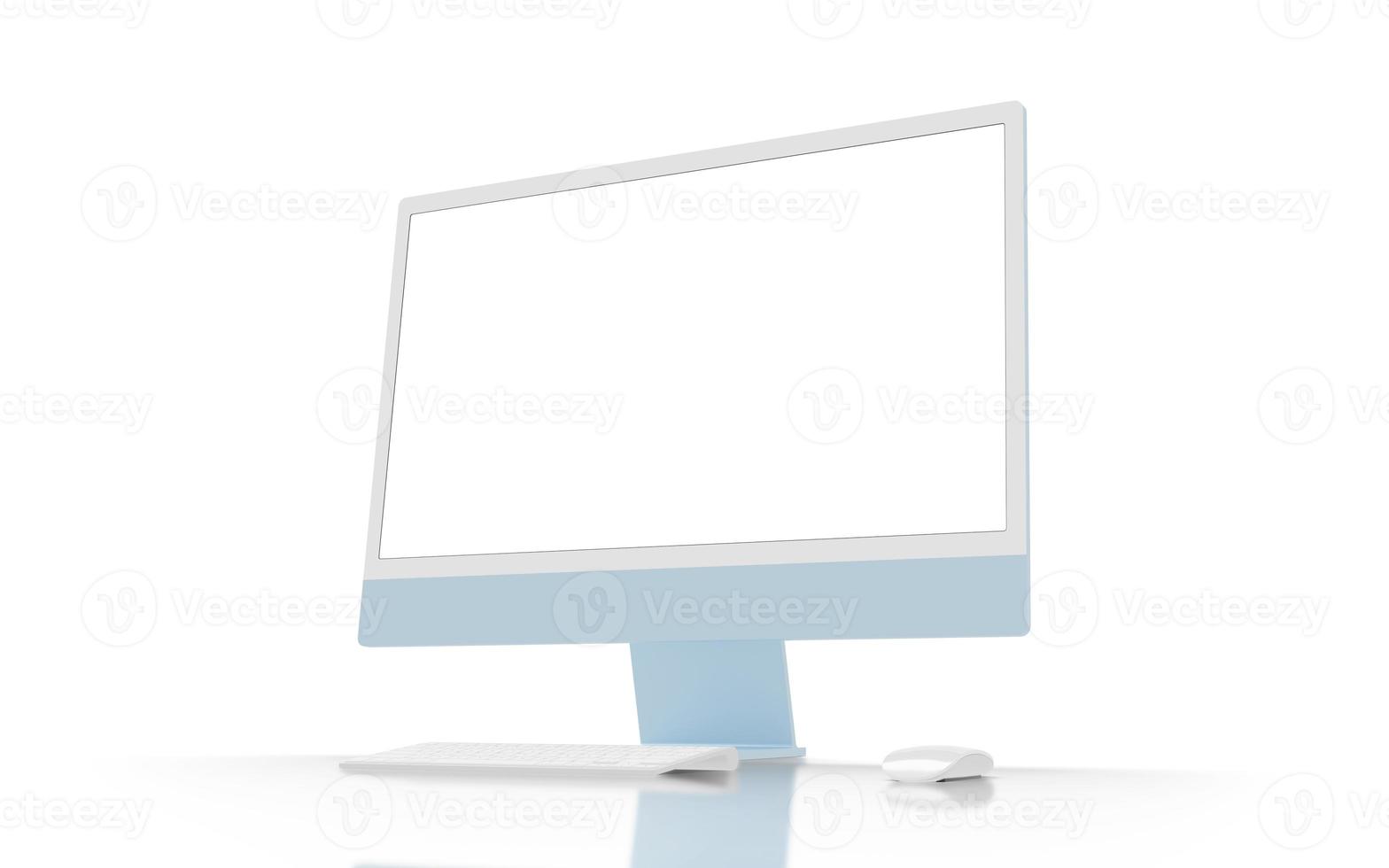 Modern blue computer display on desk with keyboard and mouse beside. Isolated screen and background for mockup photo