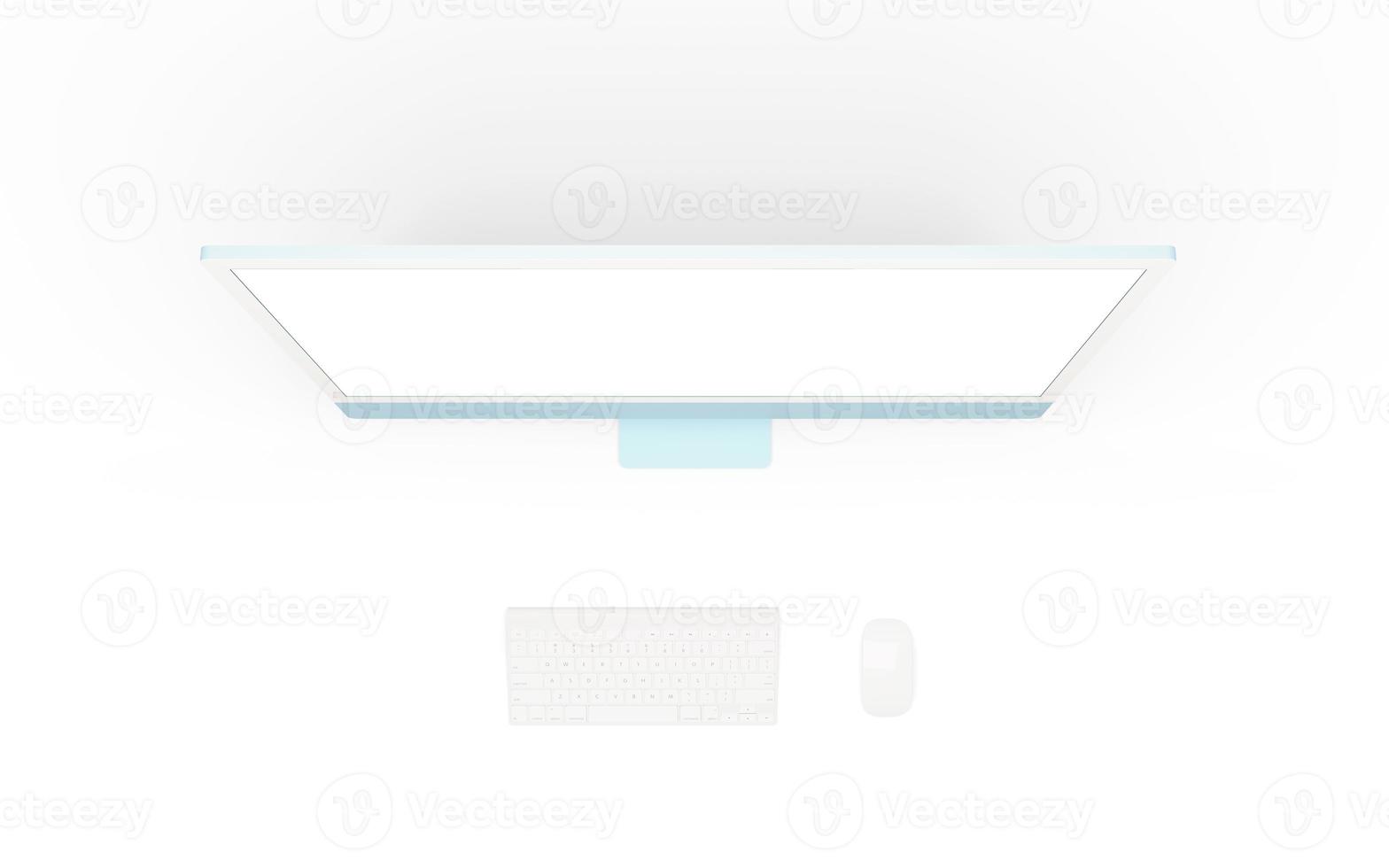 Computer display, keyboard and mouse view from above. Isolated screen for app or web page presentation. Top view, flat lay photo