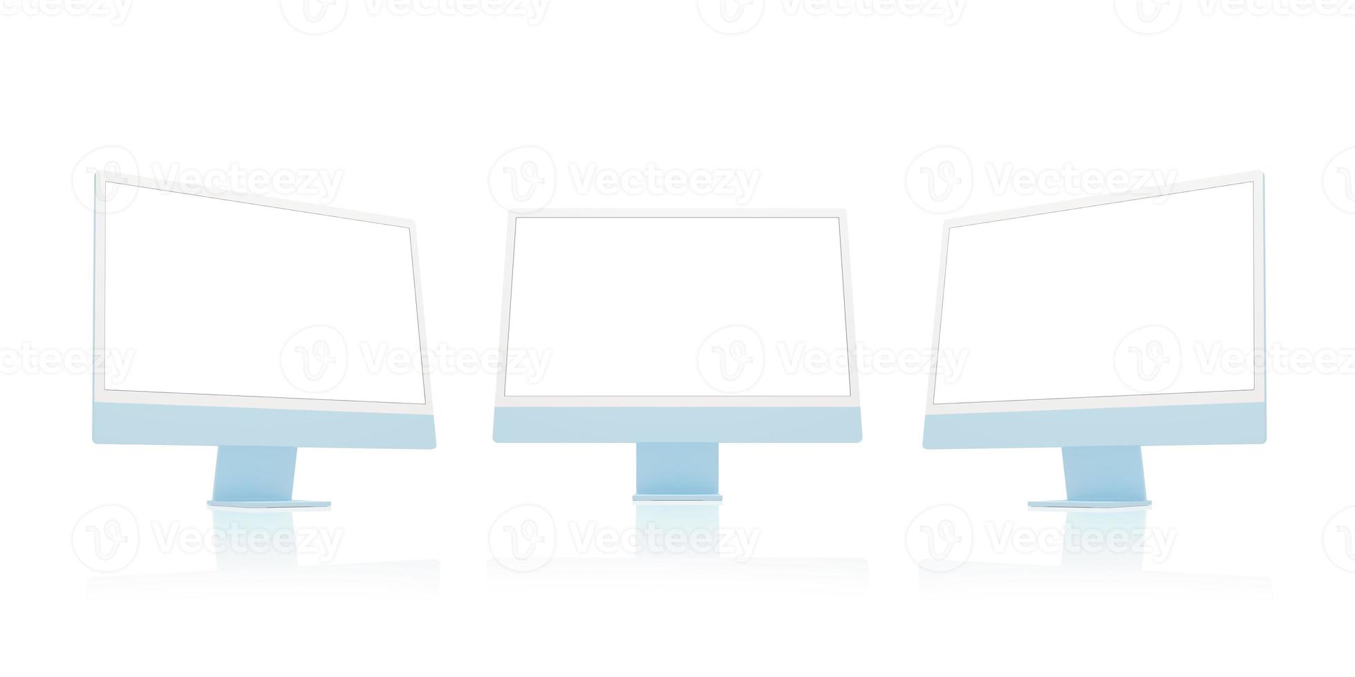 Tres computadora muestra en lado y frente posición. aislado pantalla para aplicación o web página presentación foto