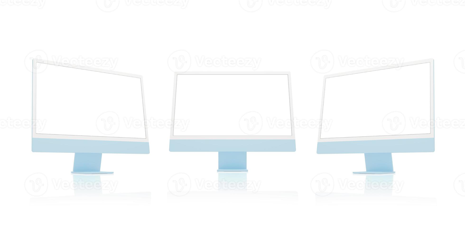 Three computer displays in side and front position. Isolated screen for app or web page presentation photo