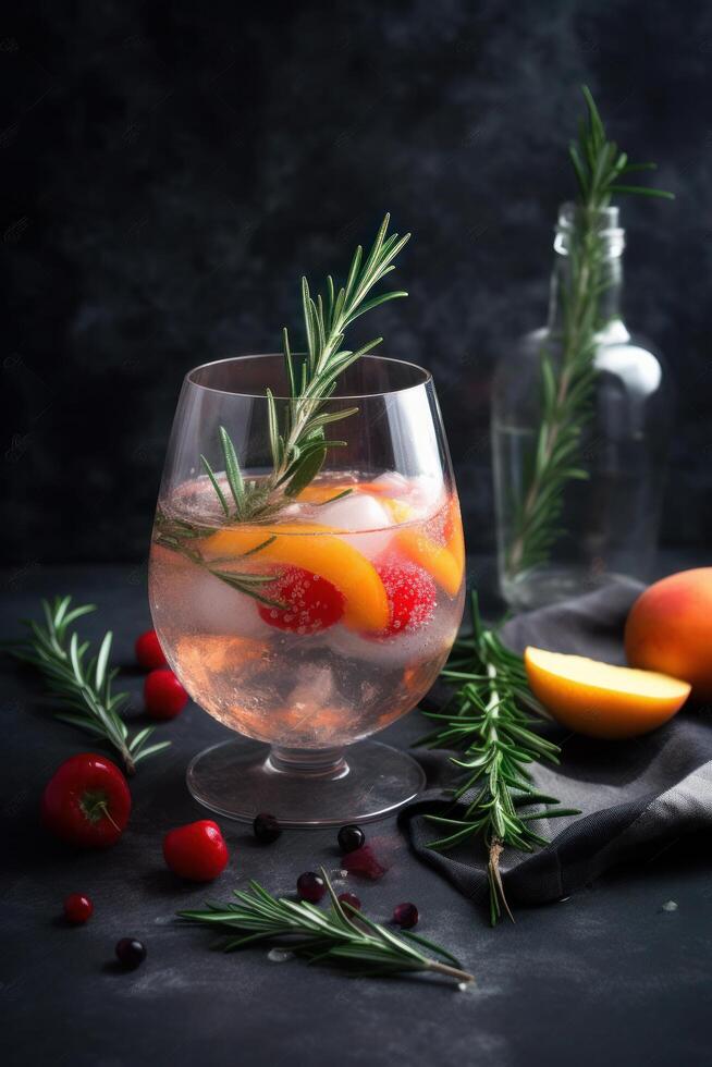 Cocktail of vodka and sprite with ripe fruits and rosemary Illustration photo