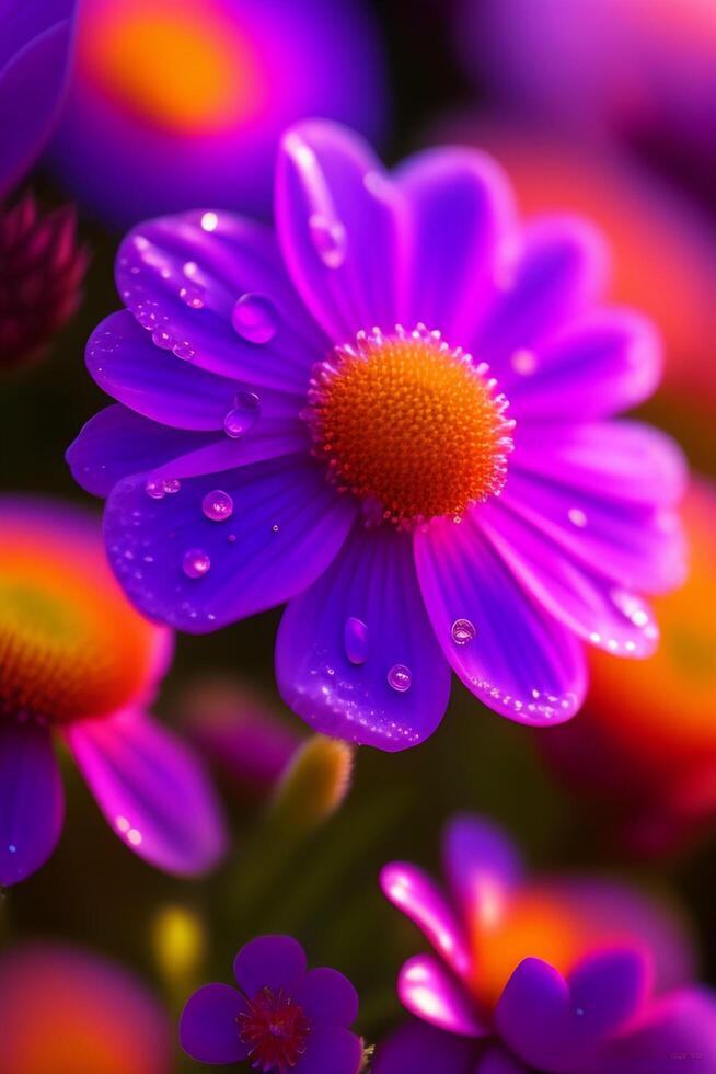 Purple flowers with dew drops photo