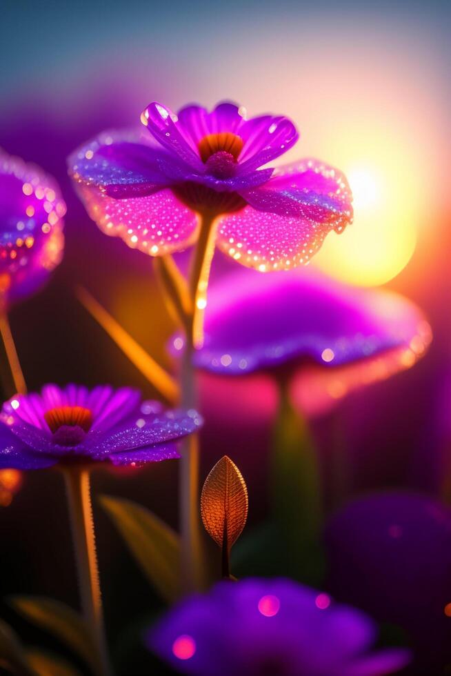 Purple flowers with dew drops photo