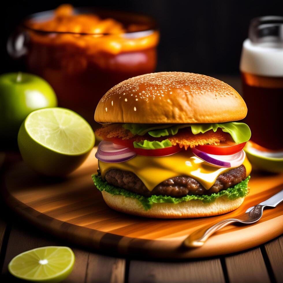 foto comida para rápido comida en formar de delicioso caliente hecho en casa hamburguesa con carne chuleta y vegetales generativo ai