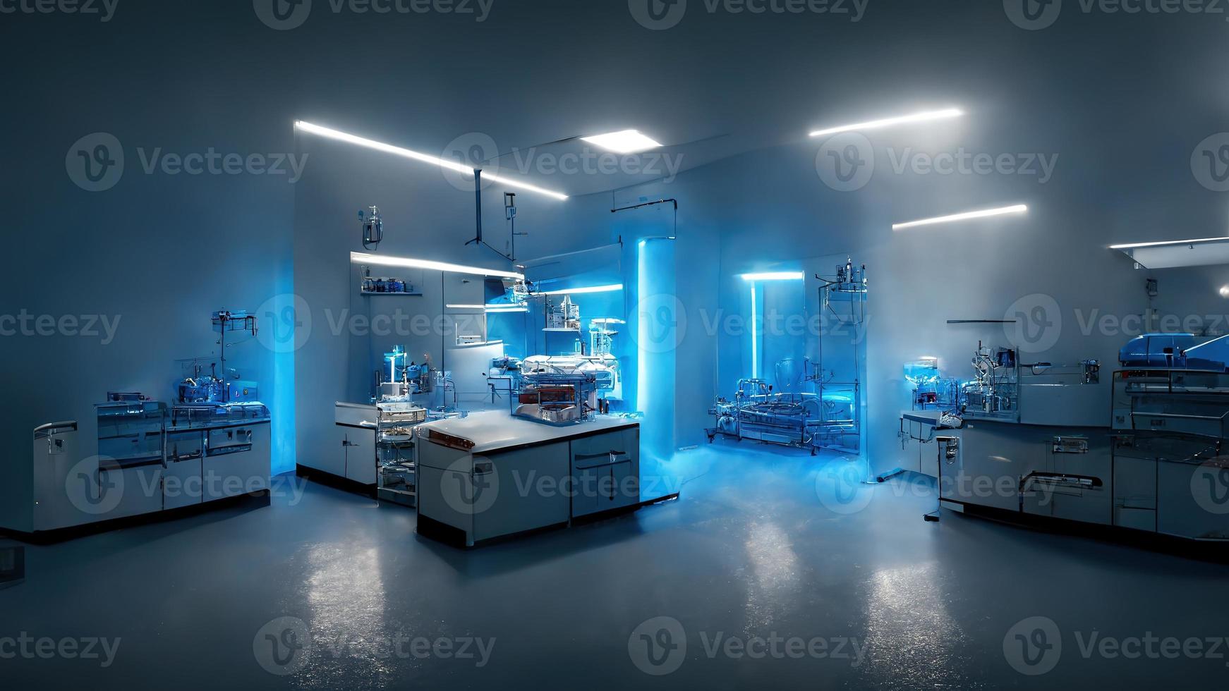 Abstract scientific medical interior blurred background. Blue light. Medical research concept. Ai render. photo