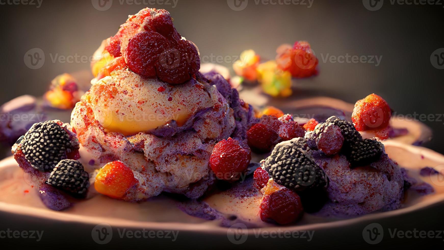 Appetizing dessert with ice cream with fruits and berries. 3D illustration. photo