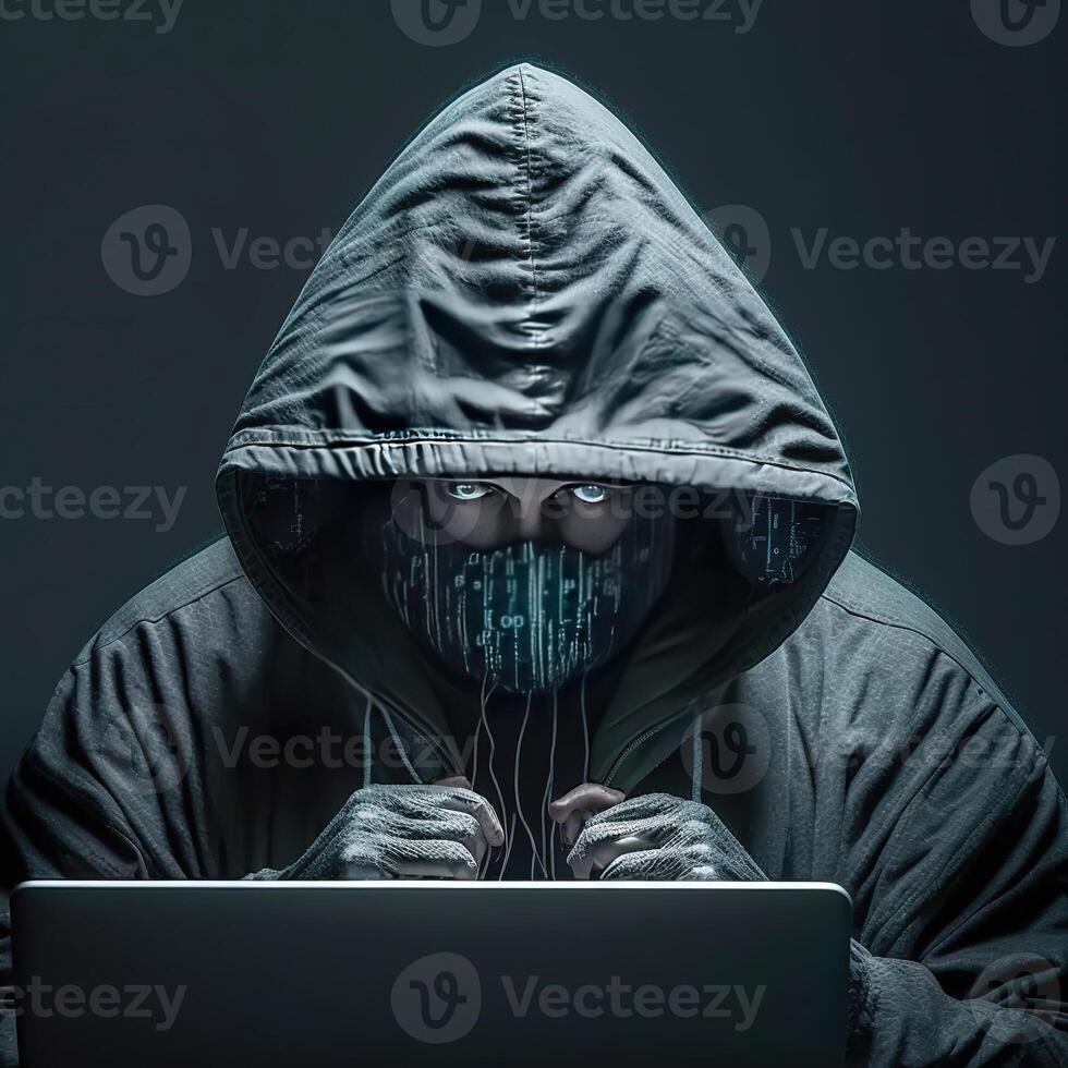 Hacker using internet to hack abstract computer server. Hooded attacker in laptop steals personal data. Blue glow light. photo