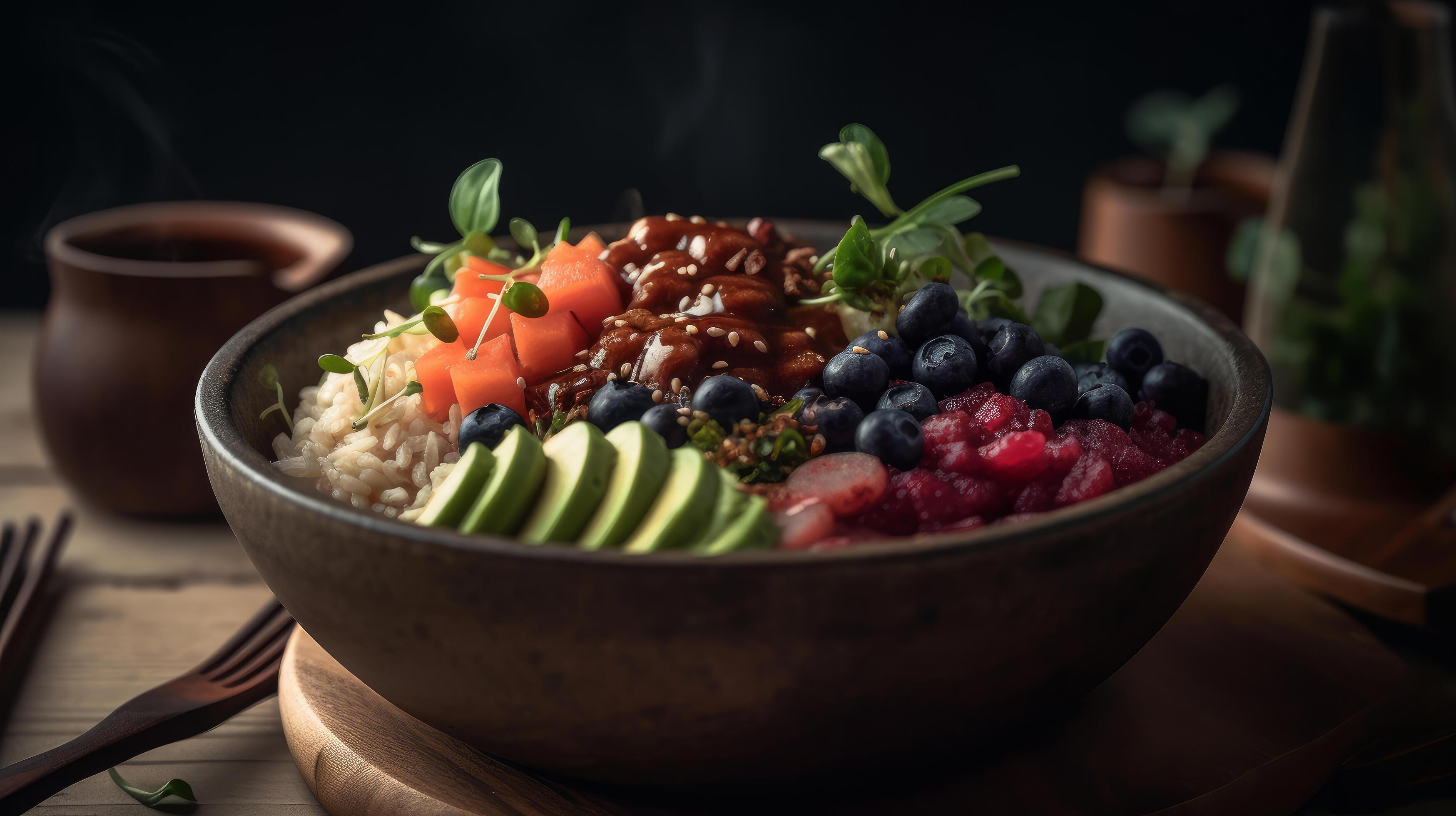 Poke bowl food background. Illustration AI Generative 22336561 Stock