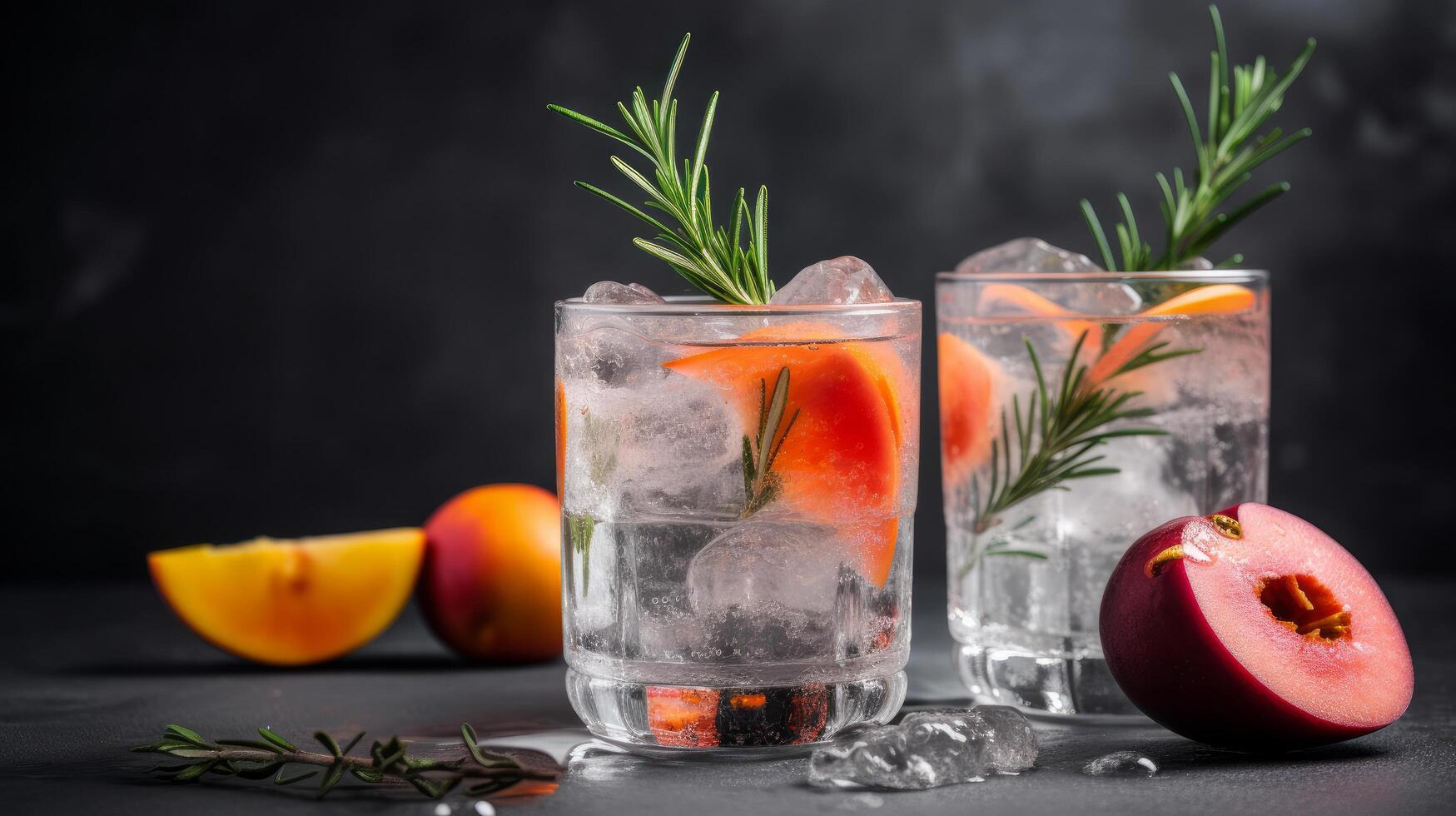 Cocktail of vodka and sprite with ripe fruits and rosemary Illustration photo