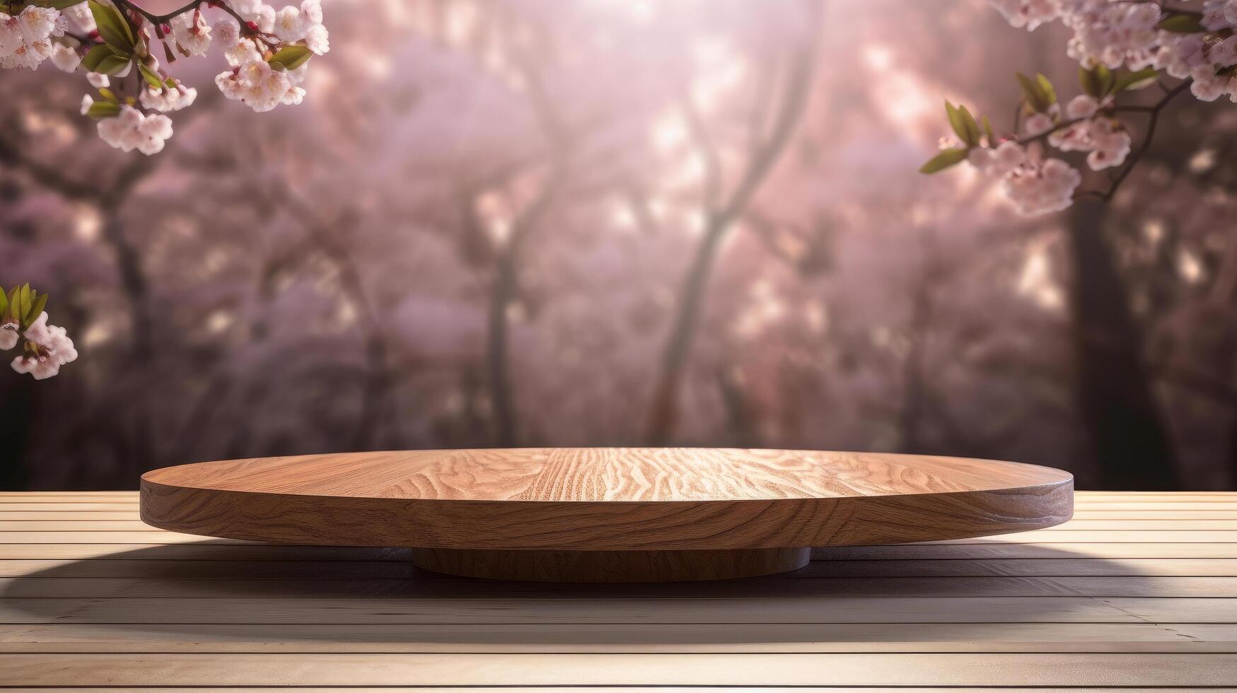 Empty wooden table with sakura flowers. Illustration photo