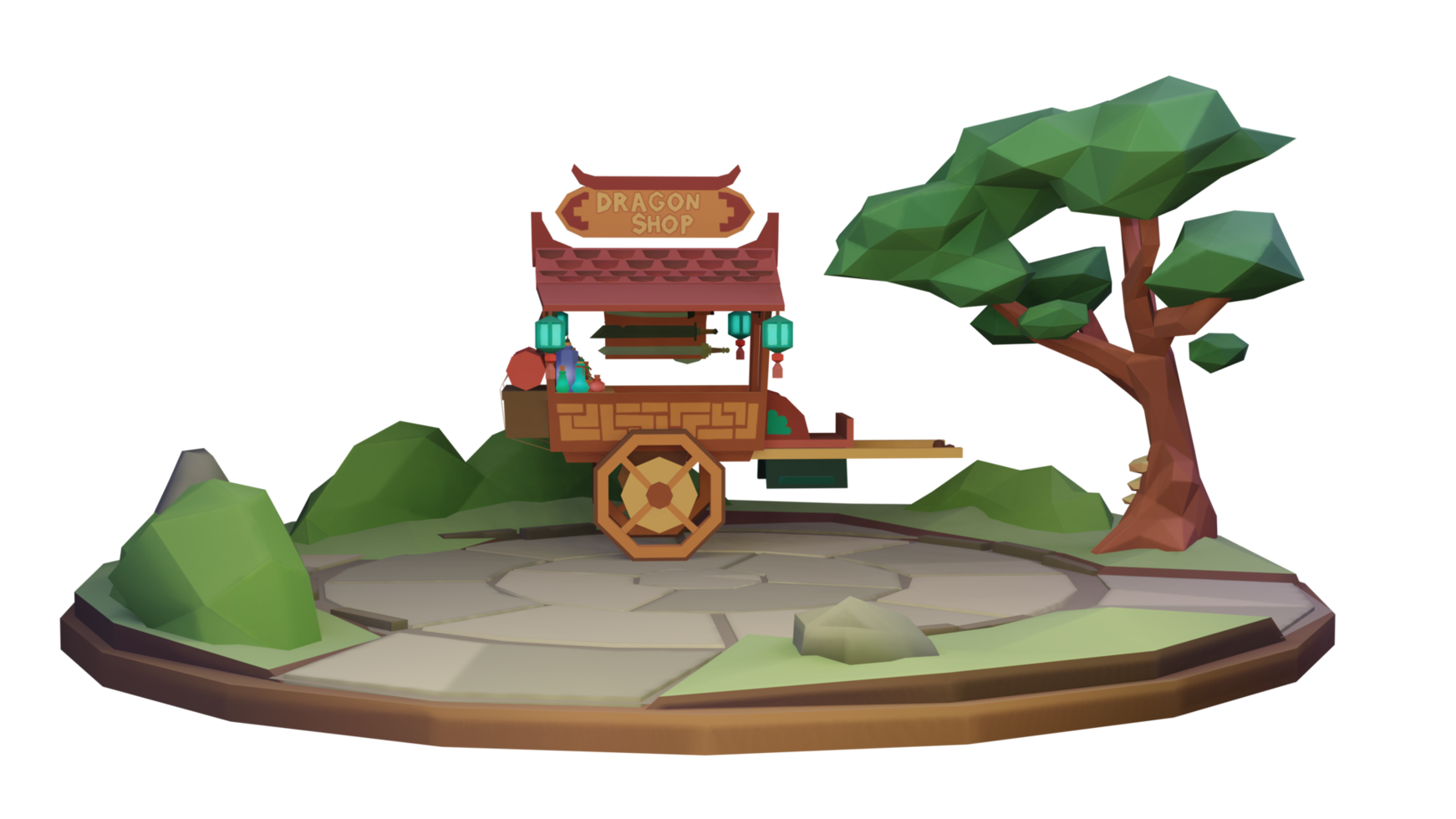 Old village shop with tree high quality 3d render png