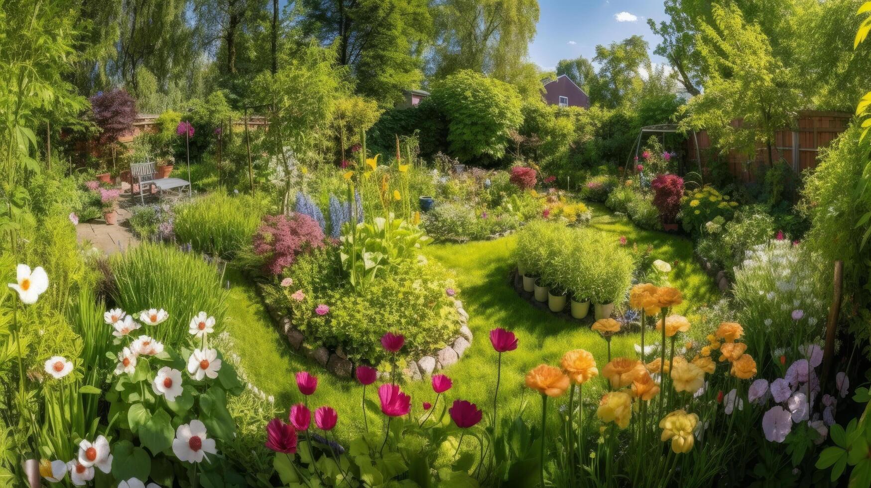 hermosa verde jardín. ilustración ai generativo foto