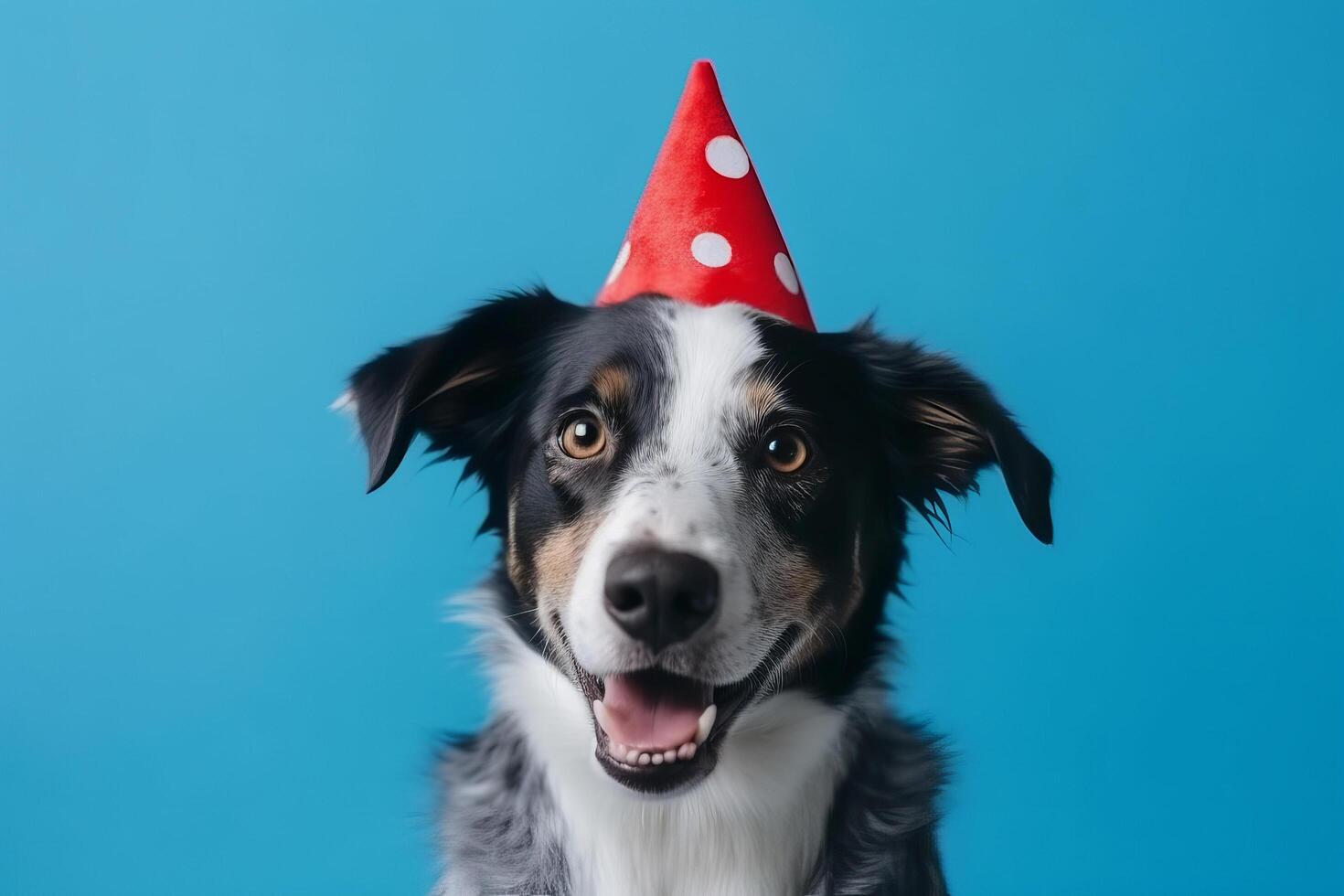 linda perro en cumpleaños gorra. ilustración ai generativo foto