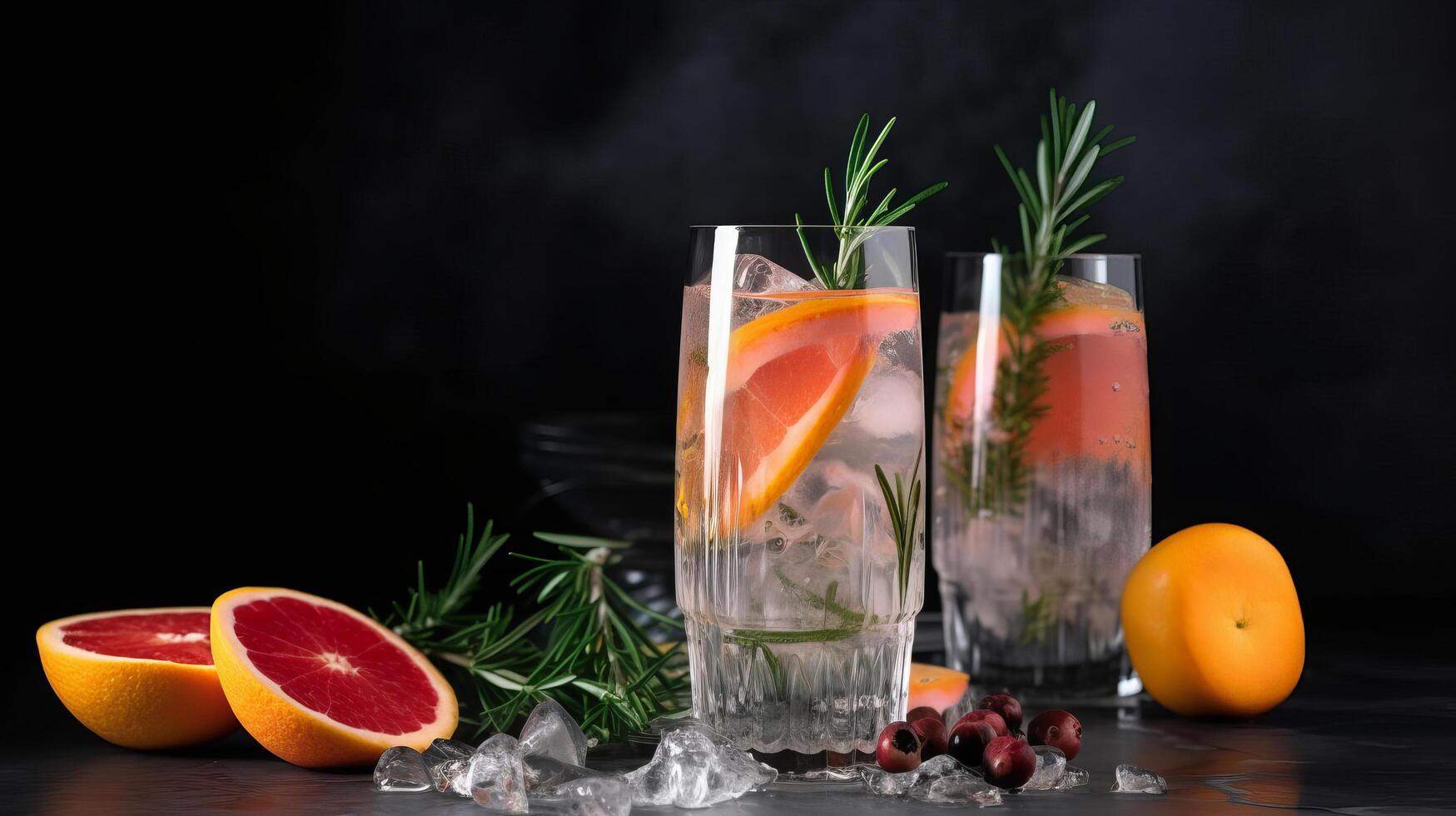 Cocktail of vodka and sprite with ripe fruits and rosemary Illustration photo