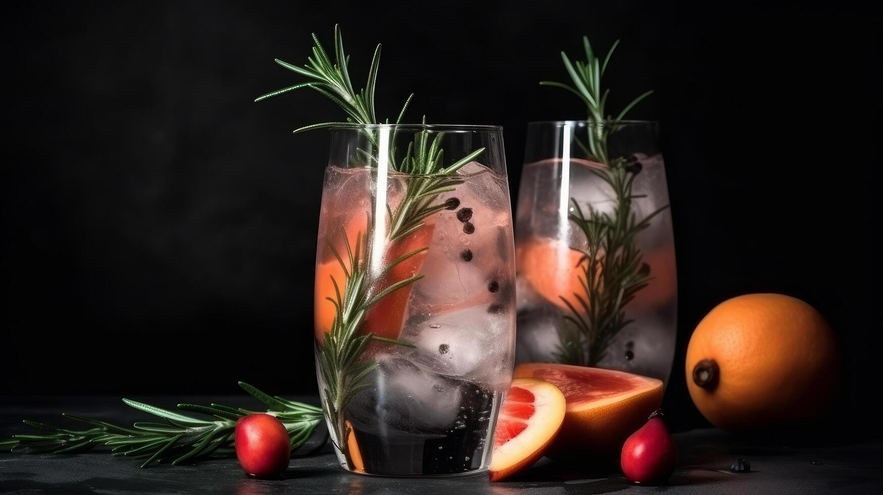 Cocktail of vodka and sprite with ripe fruits and rosemary Illustration photo