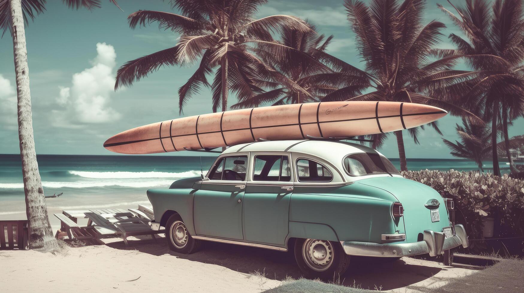 Old car with surf board. Illustration photo