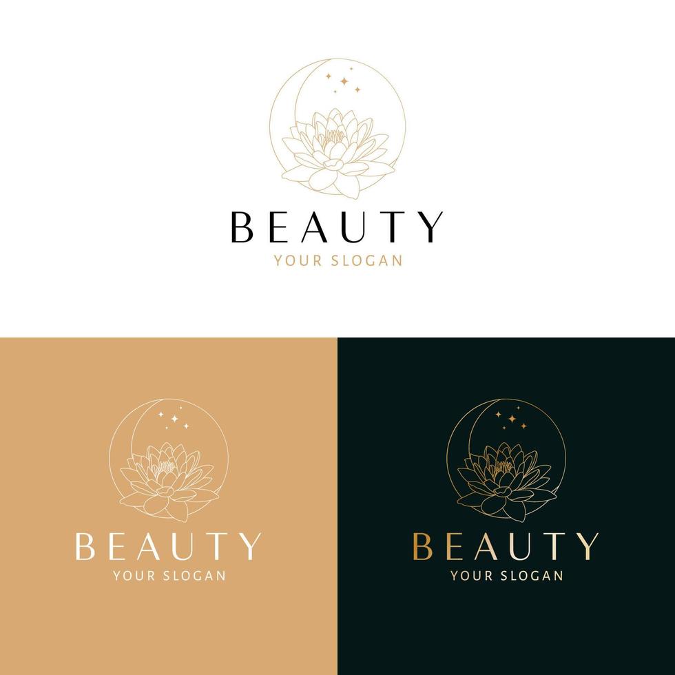 Beauty logo design. Moon and lotus flower vector logotype. Bohemian floral logo template.