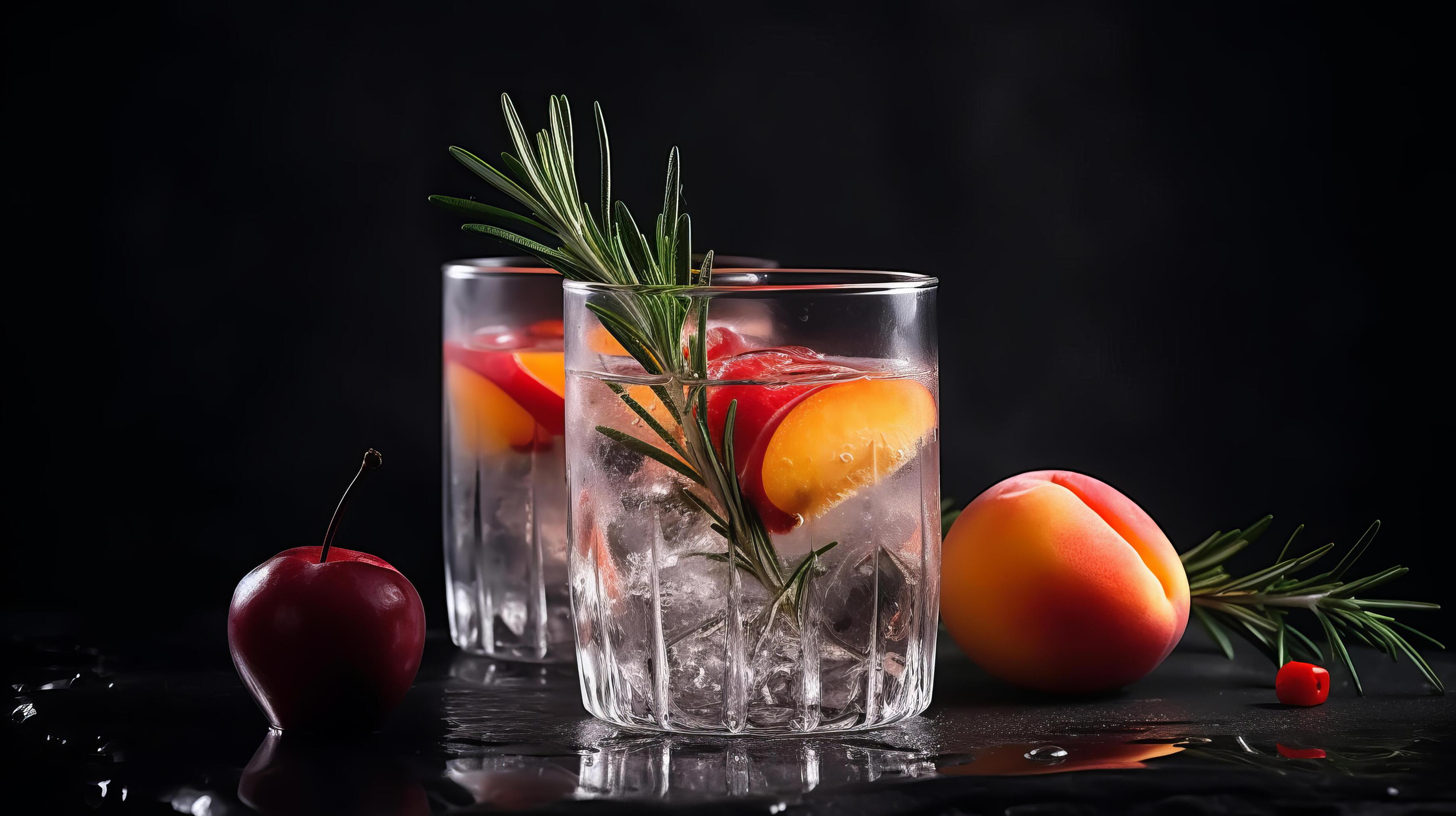 Cocktail of vodka and sprite with ripe fruits and rosemary Illustration