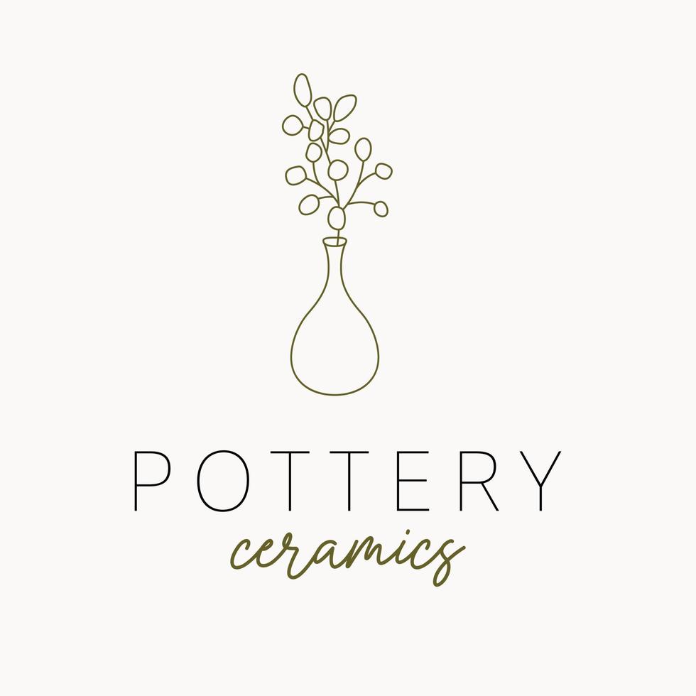 Pottery ceramics logo design. Vase and branch vector logotype. Bohemian pottery logo template.