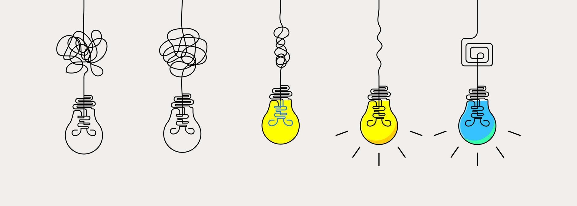 Light bulb with tangled wires line drawing concept. Mental problem solving design, business, solution. vector