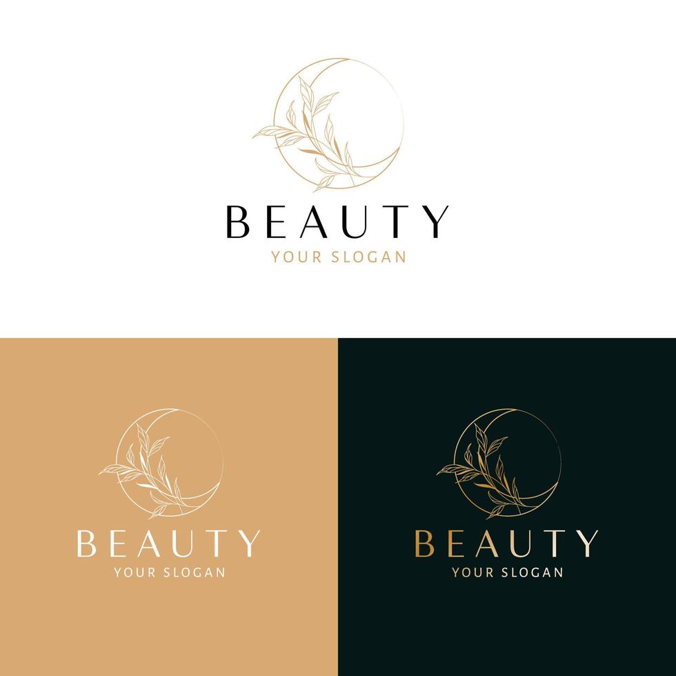 Beauty and cosmetics logo design. Moon and leaves esoteric vector logotype. Bohemian floral logo template.