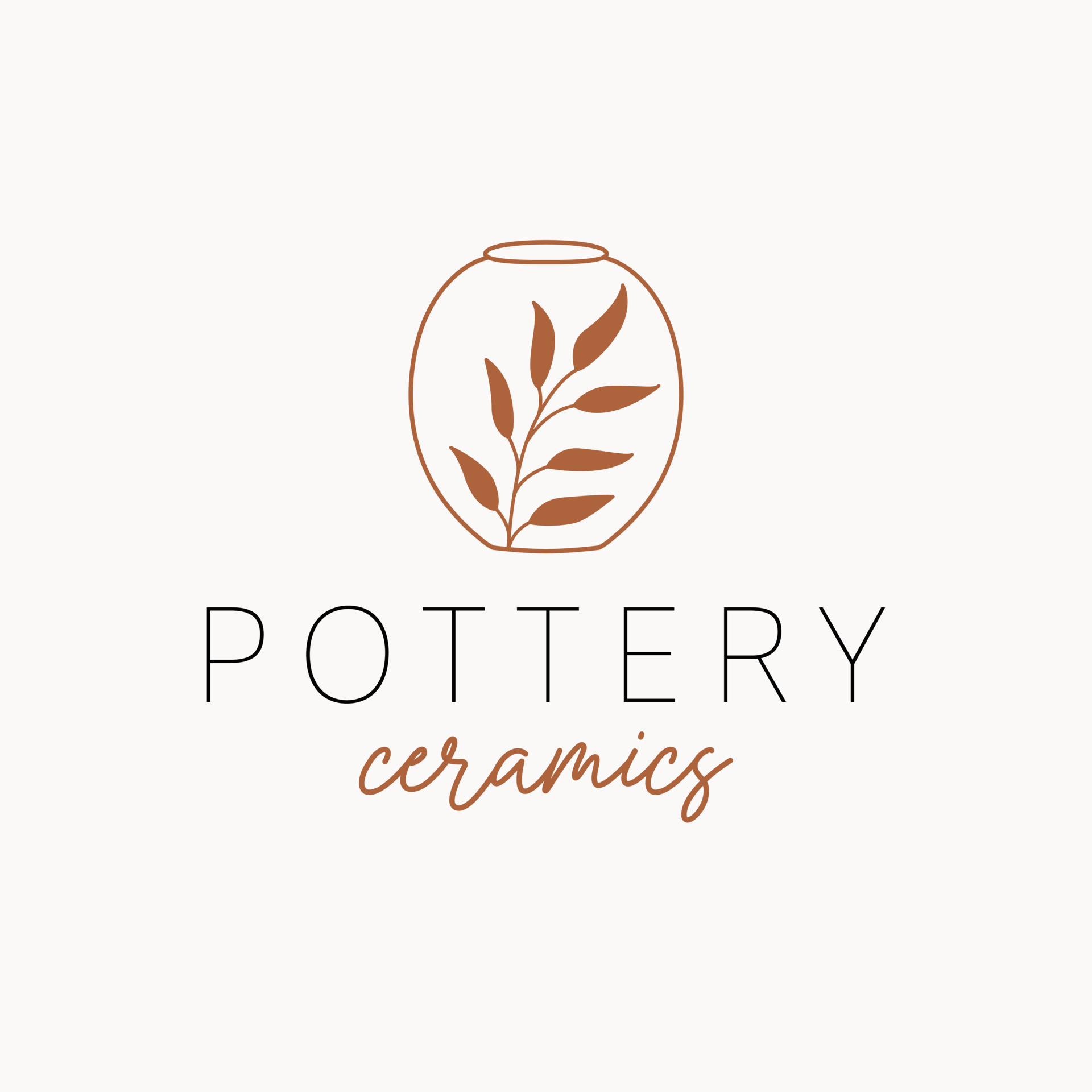 Pottery ceramics logo design. Vase and branch vector logotype. Bohemian