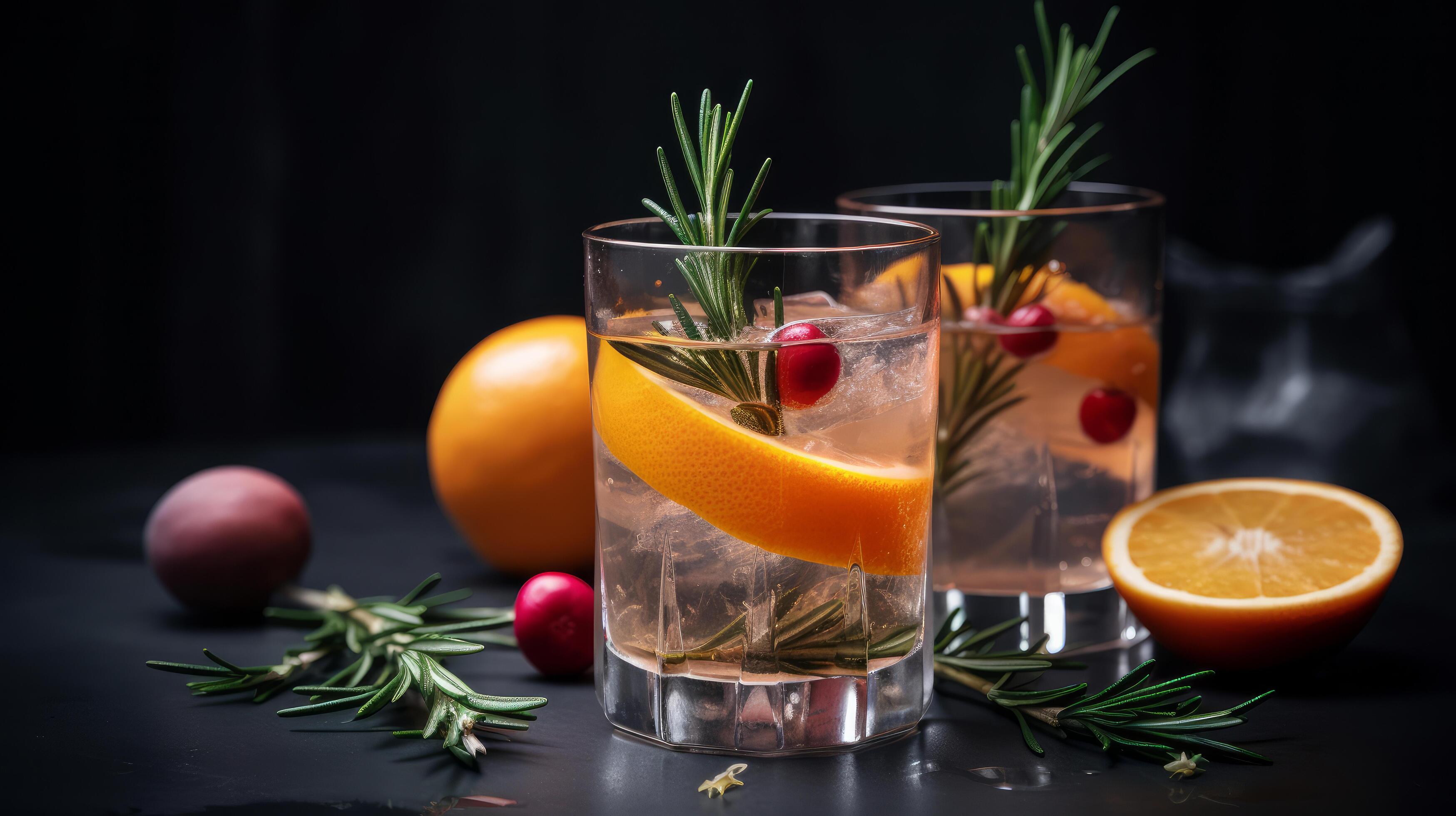 Cocktail of vodka and sprite with ripe fruits and rosemary Illustration